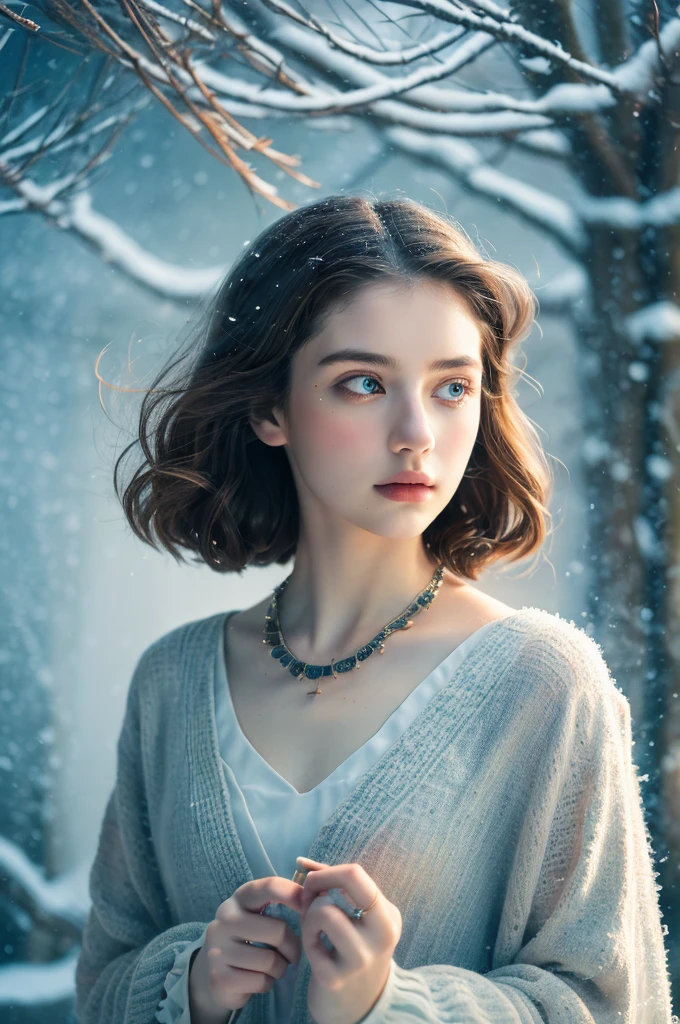 ( masterpiece, top quality, best quality,8k,17 years old girl,ultra detailed,raw photo:1.5),(photorealistic:1.4), (cinematic lighting), PerfectNwsjMajic, , Surrealism, UHD, ccurate, Super detail, textured skin, High detail, Best quality, dynamic angle, White skin,[Beautiful blue eyes], high nose,[flat chest:large breasts:0.5],(1girl),((good anatomy:0.5)), Dreamy atmosphere,expressive brush strokes, mystical ambiance, Artistic interpretation, Stunning Studio Ghibli style costumes, a whimsical illustration, Subtle colors and tones, mystical aura, jewelry, splendor ,snow storm