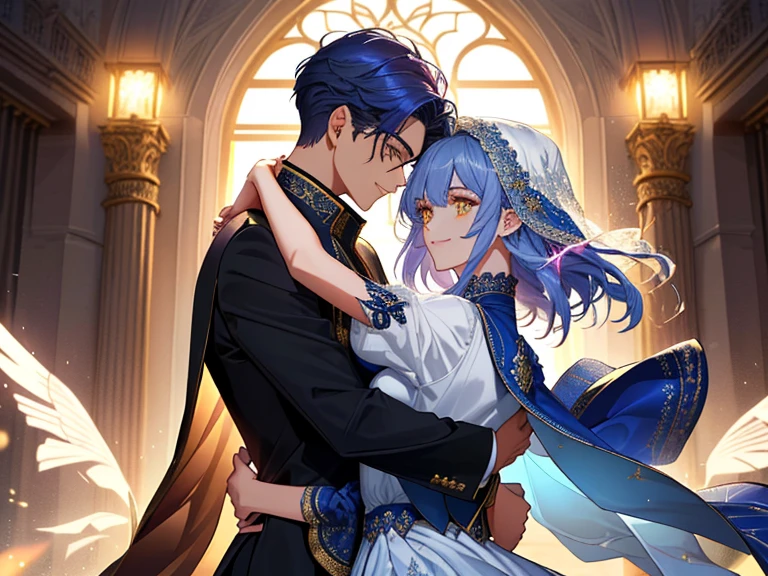 capa de livro: Um jovem de estatura imponente enfeita a capa, her captivating golden eyes and navy blue hair reflecting passion and mystery. Its presence is magnetic, adornado em trajes elegantes, e um sorriso cativante acrescenta um toque especial. do lado dele, uma jovem de beleza transcendental com longos, cabelos castanhos dourados ondulados e olhos violeta profundos irradiando luminosidade natural. Her warm smile and graceful movements give her a presence that is both delicate and captivating... The image captures the elegance and intensity of a compelling romance. He had his arm around her waist, ensuring that your loved one would not escape.