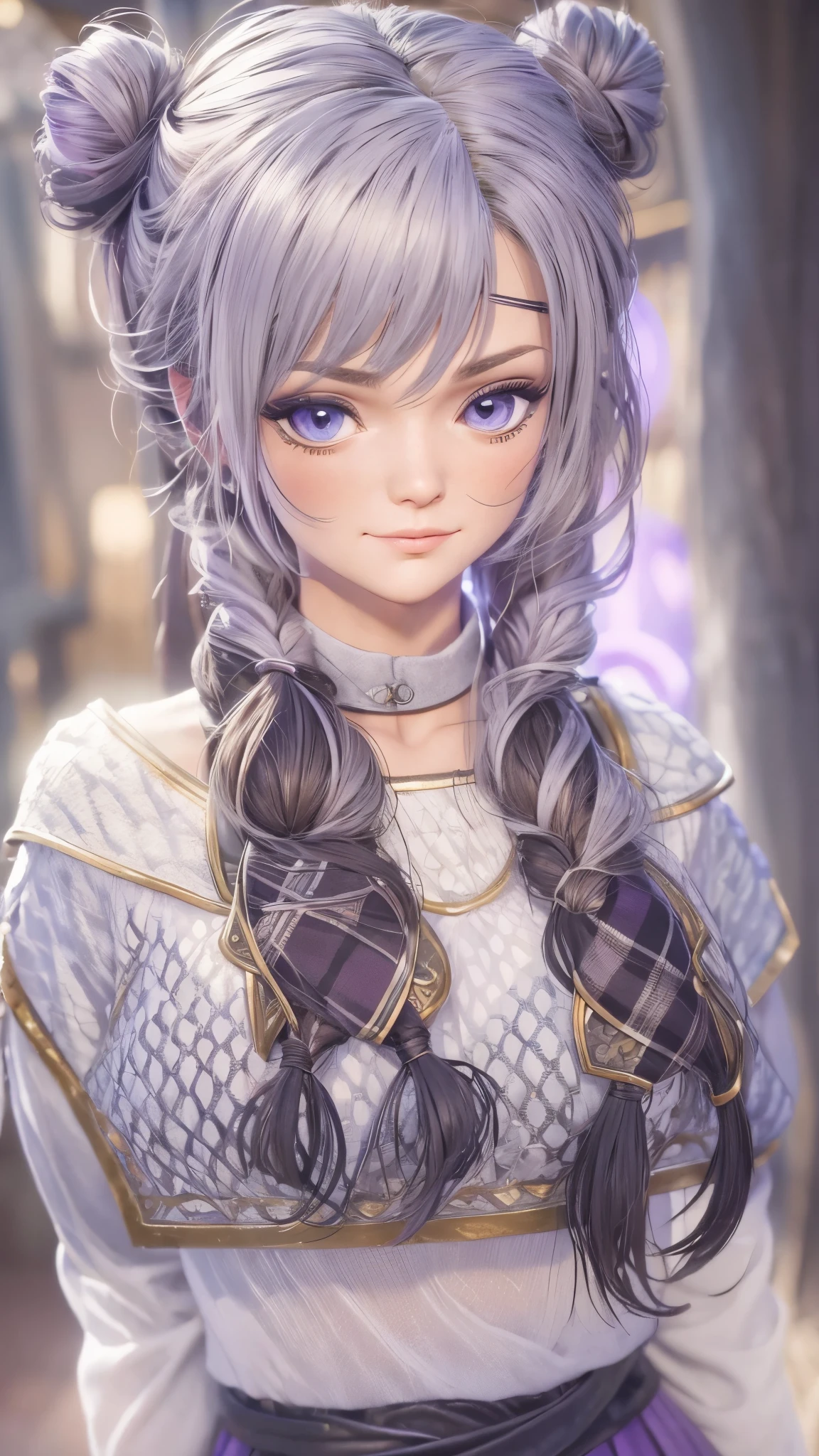 (Realistic painting style:0.9), masterpiece, best quality,  absurdres, looking at viewer, solo, keqing (lantern rite) (genshin impact), keqing (genshin impact), hair bun, skirt, scarf, purple sweater, white skirt, purple hair, sweater, twintails, purple eyes, diamond-shaped pupils, hair ornament, bare shoulders, smile, breasts, cone hair bun, long hair, belt, double bun, long sleeves, bangs, bow, hair flower, hair bow,ribbon, hair ribbon, braid, plaid scarf, plaid, off shoulder