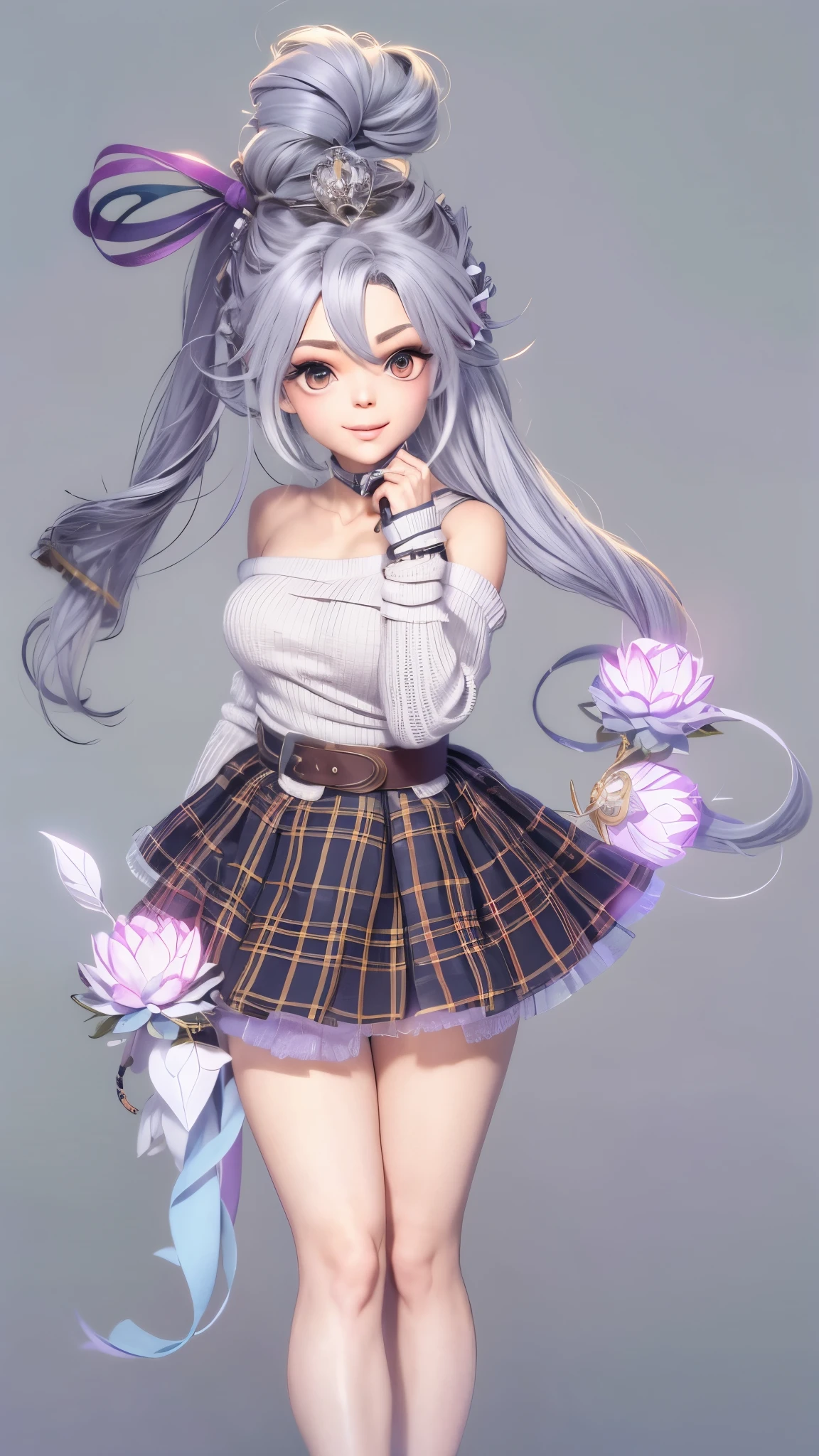 (Realistic painting style:0.9), masterpiece, best quality, absurdres, looking at viewer, solo, keqing (lantern rite) (genshin impact), keqing (genshin impact), hair bun, skirt, scarf, purple sweater, white skirt, purple hair, sweater, twintails, purple eyes, diamond-shaped pupils, hair ornament, bare shoulders, smile, breasts, cone hair bun, long hair, belt, double bun, long sleeves, bangs, bow, hair flower, hair bow,ribbon, hair ribbon, braid, plaid scarf, plaid, off shoulder