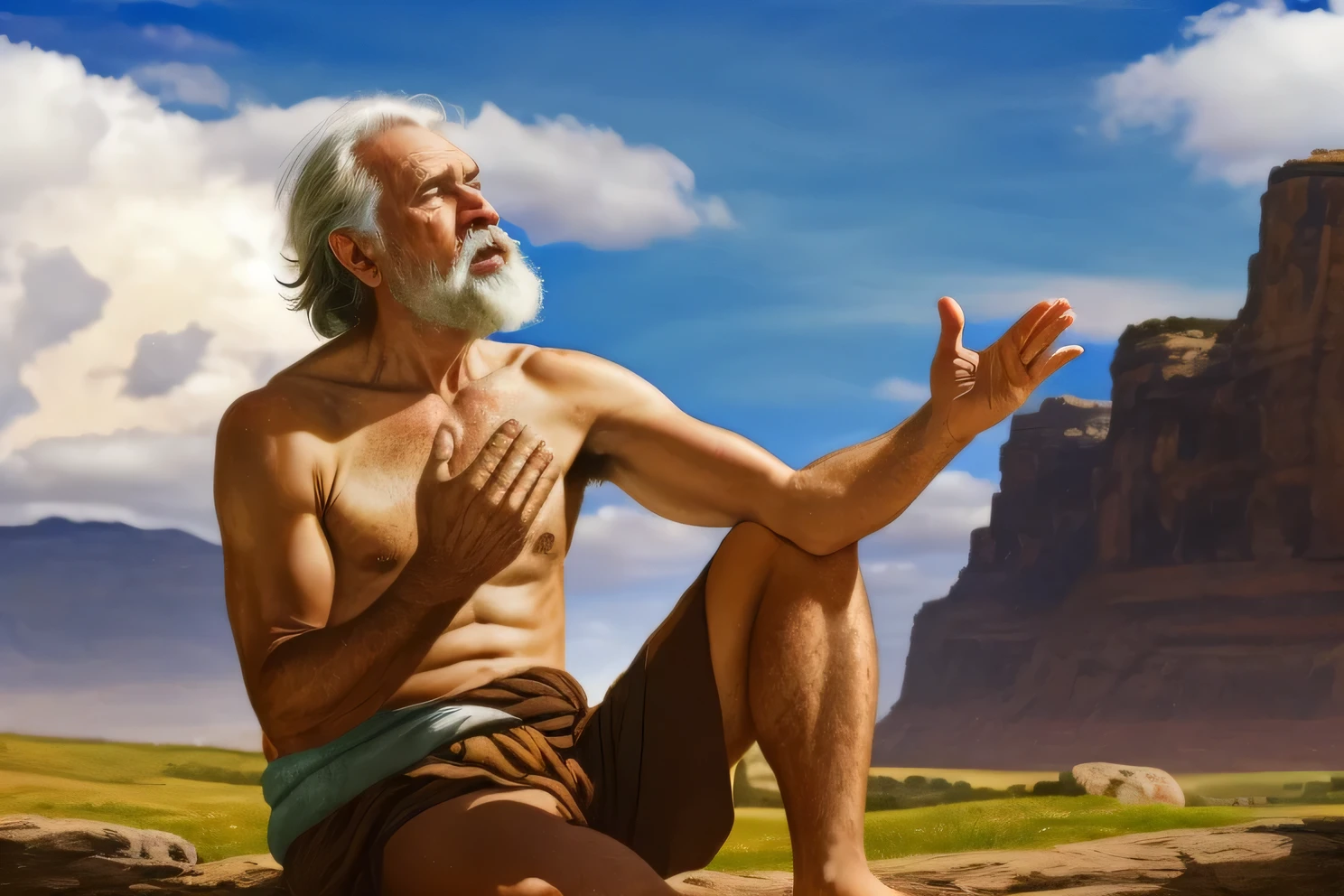 Man sitting on a rock with his hands in the air, historical artistic depiction, um velho, usando tanga, Retrato de esconder a dor Harold, Scientific representation, epic biblical representation, abiogenesis, Wise old man, Esconda a dor Haroldo, old man, Ancient Biblical, tanga, playful peasant man, um velho
