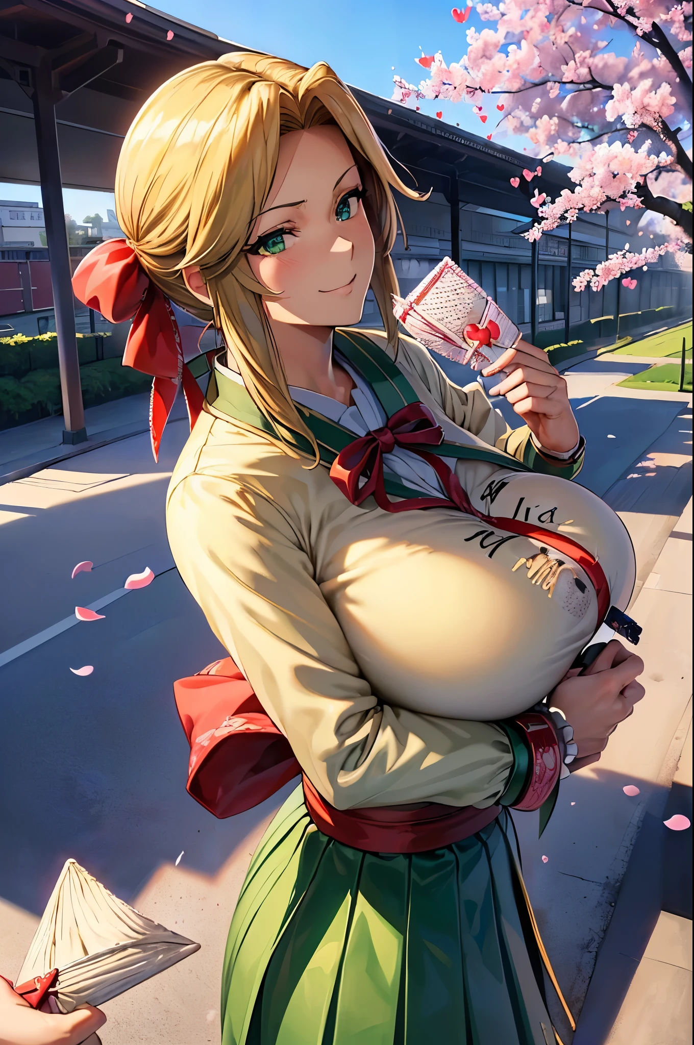 8K(A sloppy smile, the face we are looking for, Mischievous face:1.9)8K(((((handing over a love letter:1.9)))))((woman,Huge , (Huge breasts:1.8),Are fat,Very red lips and huge breasts,Big Ass,Narrow waist,Long legs,Green Eyes立っている)) 8k((((Anime Style),(The facial expression is good))))8k(((((Anime Style)Green Eyes)))) 8k((Standing at the station))8k((Waiting for a train at the station))8k((early morning))8k((Beauty))((Student blazer green tie, blazer, Pleated skirt))8k(((spring,cherry blossoms,The wind is blowing,Her skirt is flipped up,cherry blossomsが散っている:1.3))) 8K(Close-up of the face:1.5)8K(((((handing over a love letter))))) 8K(((((handing over a love letter)))))8K(handing over a love letter)8K(A clear depiction of handing over a love letter)8k(The depiction of the woman's hands is excellent.)