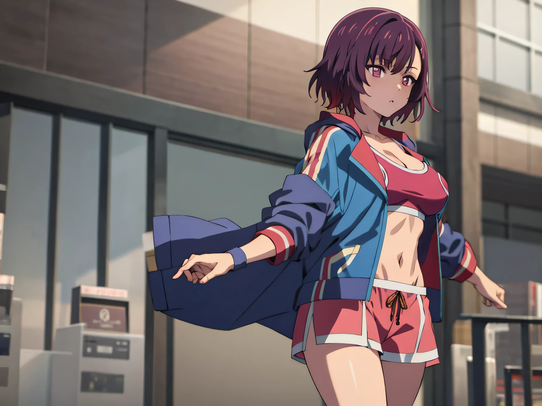 shizuka mikazuki, short hair, red hairpin, dark purple hair, purple eyes, pink sport bra, pink sport short, dark purple thighthigh, blue pink shoes, colorful jacket, outdoor high quality, best quality, ultra detailed, masterpiece, 1girl, young woman, big breast,