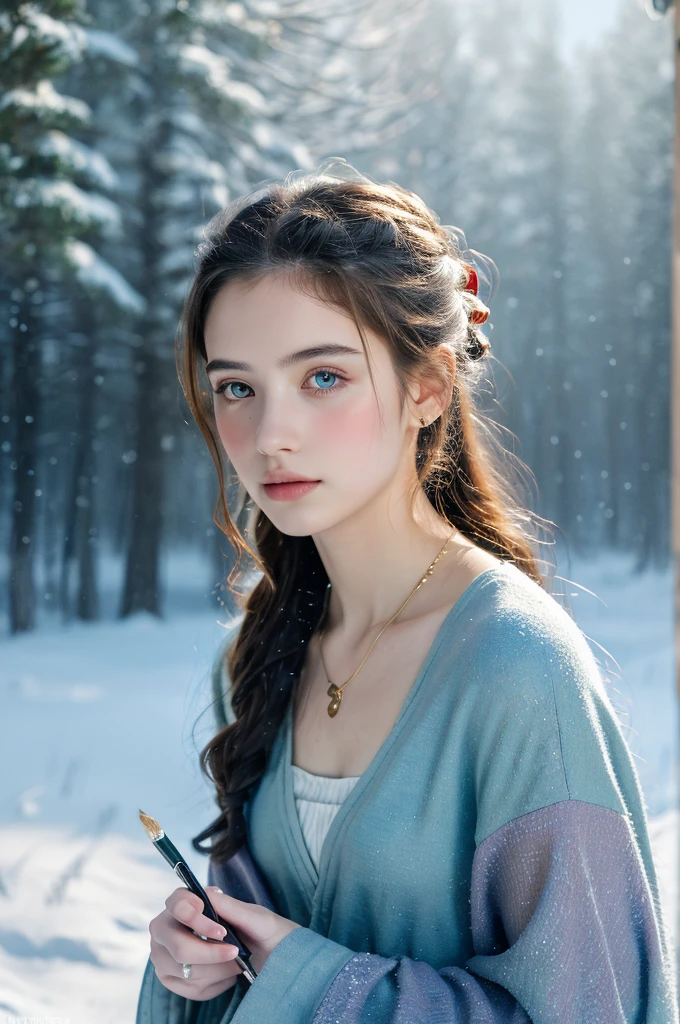 ( masterpiece, top quality, best quality,8k, girl,ultra detailed,raw photo:1.5),(photorealistic:1.4), (cinematic lighting), PerfectNwsjMajic, , Surrealism, UHD, ccurate, Super detail, textured skin, High detail, Best quality, dynamic angle, White skin,[Beautiful blue eyes], high nose,[flat chest:large breasts:0.5],(1girl),((good anatomy:0.5)), Dreamy atmosphere,expressive brush strokes, mystical ambiance, Artistic interpretation, Stunning Studio Ghibli style costumes, a whimsical illustration, Subtle colors and tones, mystical aura, jewelry, splendor, portrait, snow storm