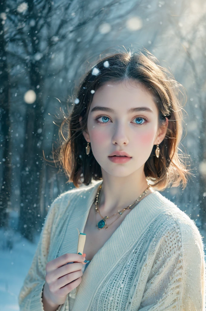( masterpiece, top quality, best quality,8k, girl,ultra detailed,raw photo:1.5),(photorealistic:1.4), (cinematic lighting), PerfectNwsjMajic, , Surrealism, UHD, ccurate, Super detail, textured skin, High detail, Best quality, dynamic angle, White skin,[Beautiful blue eyes], high nose,[flat chest:large breasts:0.5],(1girl),((good anatomy:0.5)), Dreamy atmosphere,expressive brush strokes, mystical ambiance, Artistic interpretation, Stunning Studio Ghibli style costumes, a whimsical illustration, Subtle colors and tones, mystical aura, jewelry, splendor, portrait, snow storm