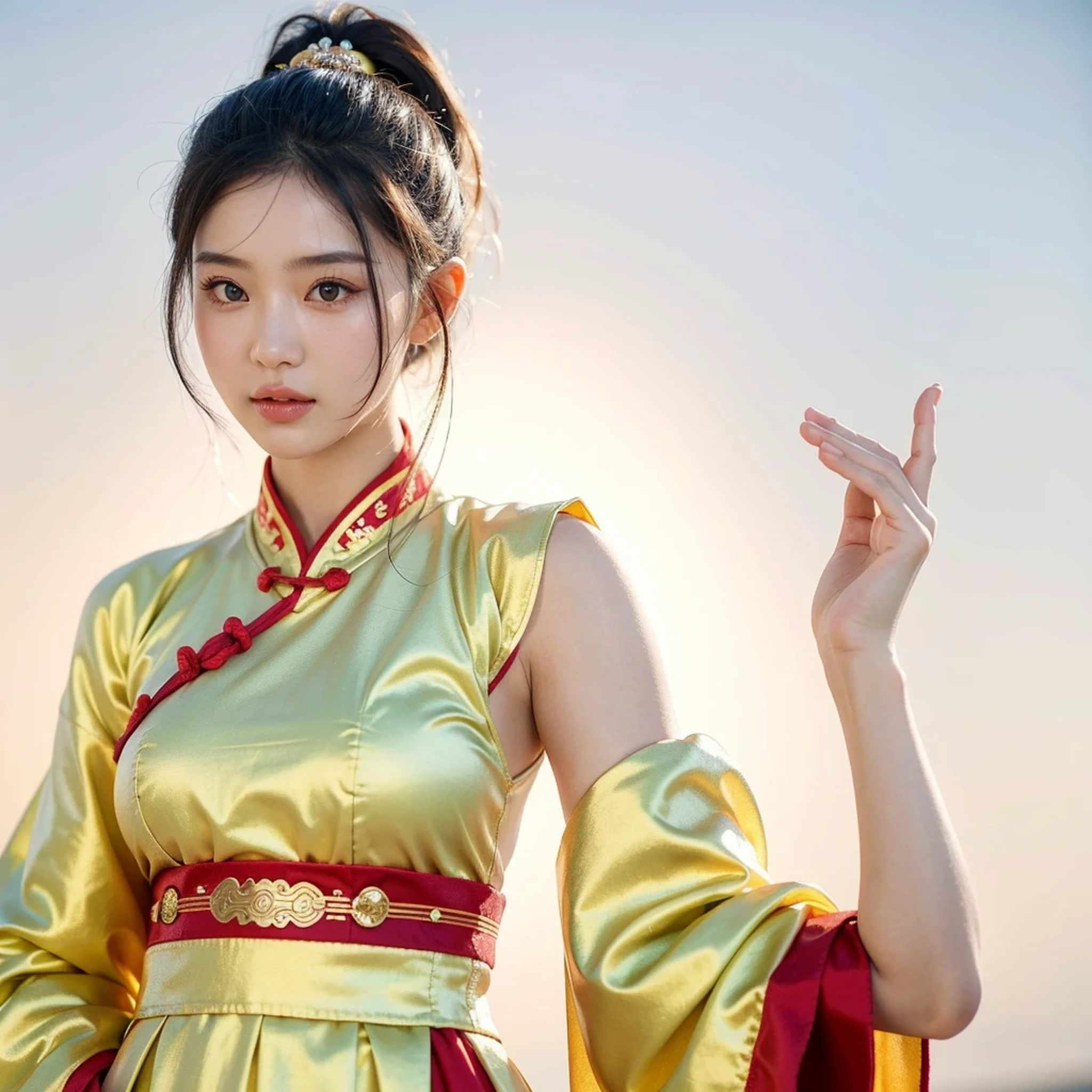 A girl, ancient Chinese costume, whole body, sunshine, clear face, clean white background, masterpiece, super detail, epic composition, ultra HD, high quality, extremely detailed, official art, uniform 8k wallpaper, super detail, 32k