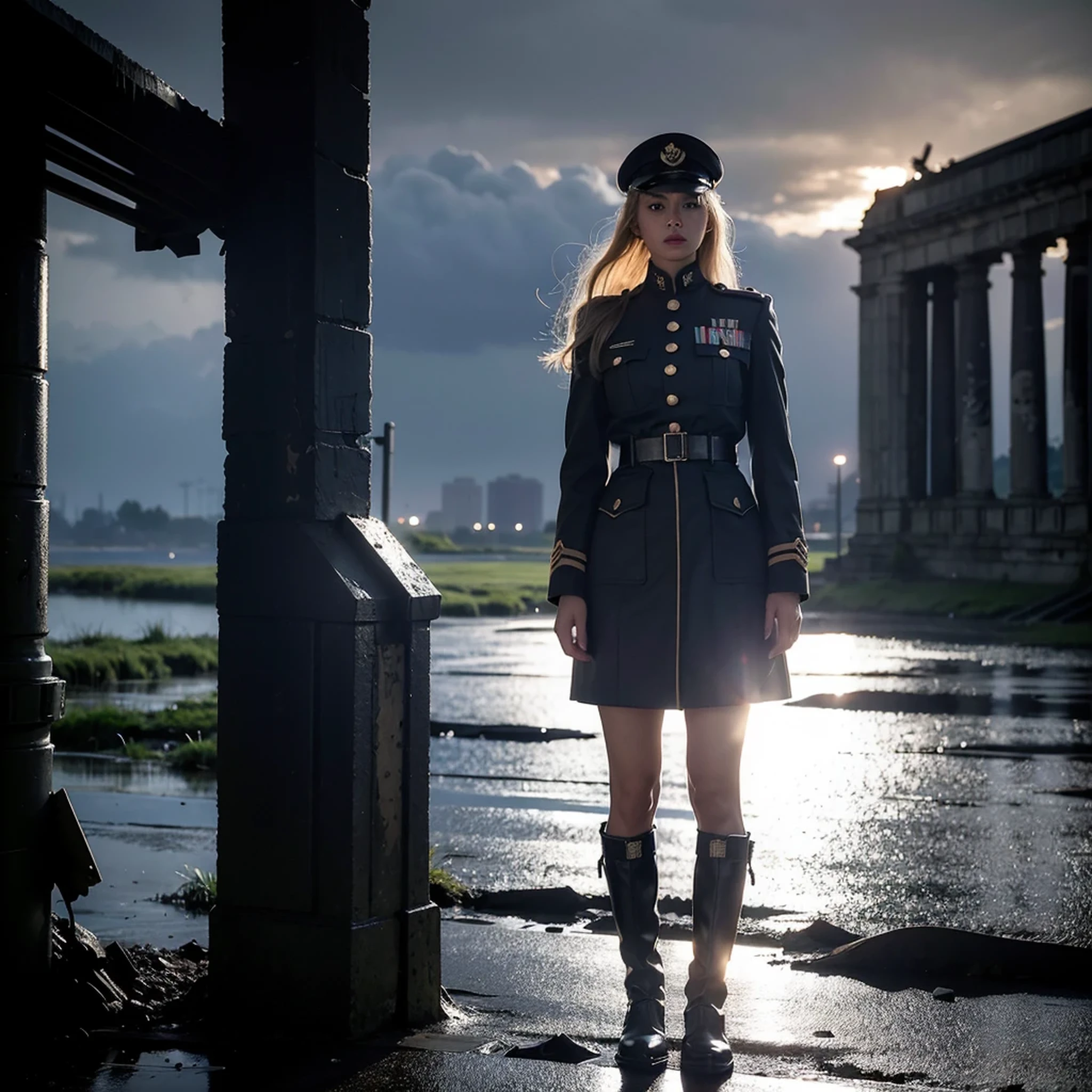 a girl in a dark blue  military uniform in a city in 1945,illustration,ultra-detailed,highres,realistic,war-themed,gritty,dystopian,black and white,moonlight,destroyed buildings,heroic pose,expressive eyes,determined expression,historical accuracy,vivid colors,sharp focus,crumbling architecture,smoke and dust,explosion effects,waist-length blond hair,muddy boots,military cap,stormy sky,moonlit shadows,thoughtful atmosphere,gloomy lighting,foreboding ambiance.