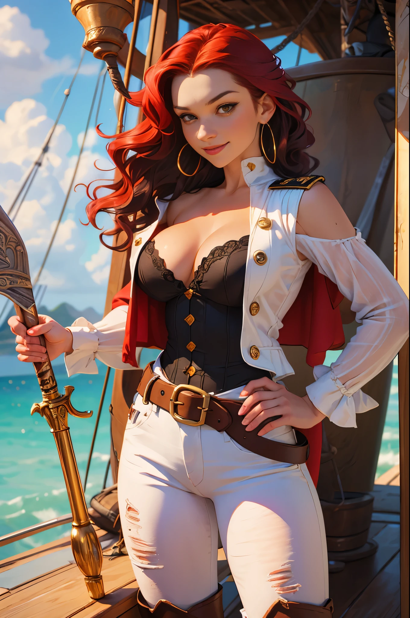 Female 17th century pirate, pirate captain, mid 30s woman, smirking, wavy shoulder length vivid red hair, red bandanna, large gold hoop earrings, puffy long sleeved white shirt, brown leather vest, belt, large square belt buckle, long brown pantaloons, worn leather boots, period dress, dirty clothes, holding a cutlass, dramatic pose, on deck aboard a pirate ship, caribbean island, painterly illustration, best quality, 8k, masterpiece, bright vivid colours, colourful, jenya.d