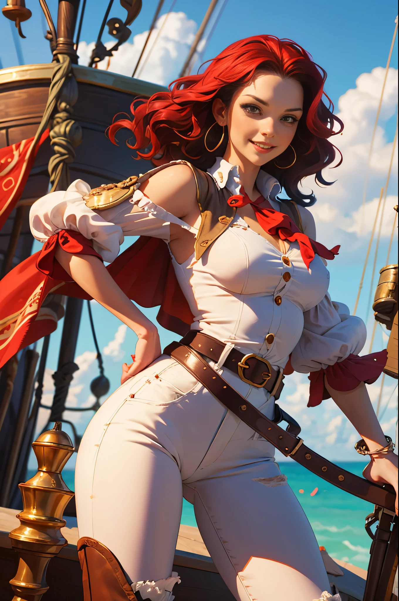 Female 17th century pirate, pirate captain, mid 30s woman, smirking, wavy shoulder length vivid red hair, red bandanna, large gold hoop earrings, puffy long sleeved white shirt, brown leather vest, belt, large square belt buckle, long brown pantaloons, worn leather boots, period dress, dirty clothes, holding a cutlass, dramatic pose, on deck aboard a pirate ship, caribbean island, painterly illustration, best quality, 8k, masterpiece, bright vivid colours, colourful, jenya.d