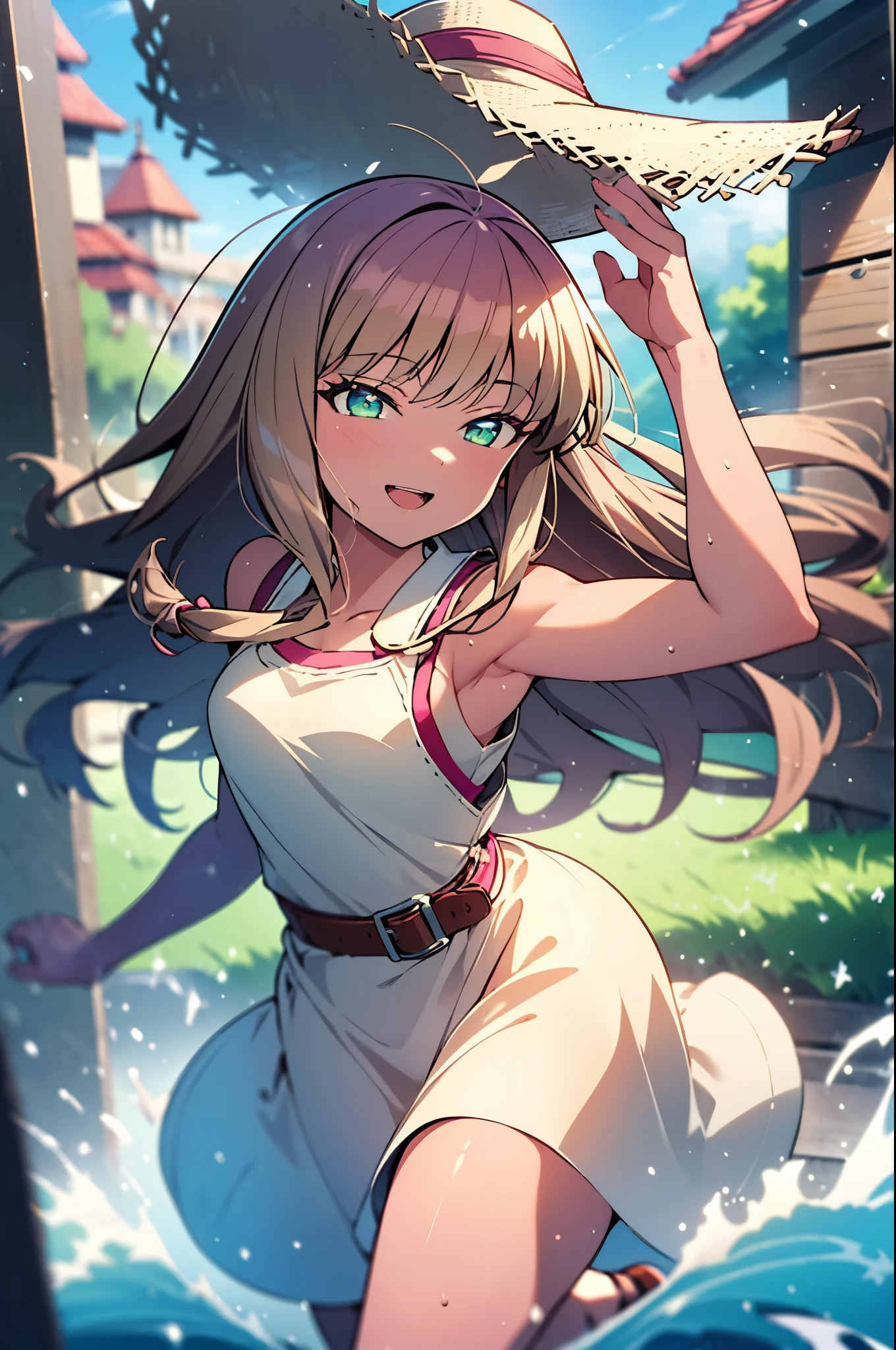 8k,highest quality,masterpiece,The seeds of a southern dream,The seeds of a southern dream sss Dynazenon,Brown Hair,Long Hair,Green Eyes,Short braided hair,happy smile, smile, Open your mouth,Big straw hat,Sleeveless dress,Bare arms,Long skirt,Cute heeled sandals,Building district,Clear skies,Daytime,(Cowboy Shot:1. 5),(masterpiece:1.2), highest quality, High resolution, unity 8k wallpaper, (shape:0.8), (Beautiful and detailed:1.6), Highly detailed face, Perfect lighting, Highly detailed CG, (Perfect hands, Perfect Anatomy),