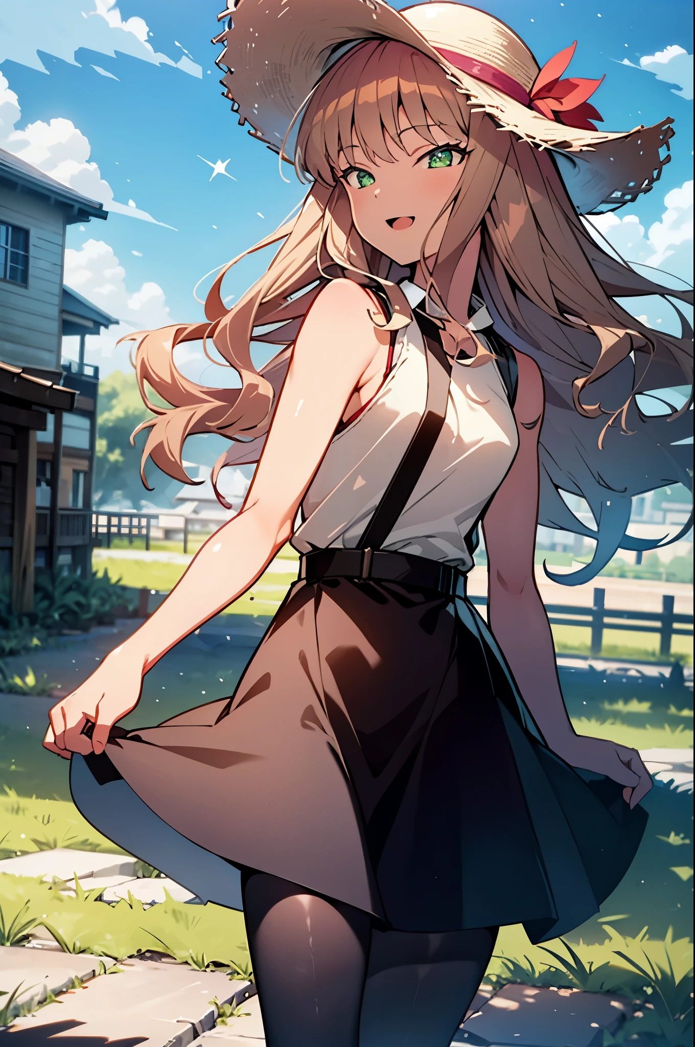 8k,highest quality,masterpiece,The seeds of a southern dream,The seeds of a southern dream sss Dynazenon,Brown Hair,Long Hair,Green Eyes,Short braided hair,happy smile, smile, Open your mouth,Big straw hat,Sleeveless dress,Bare arms,Long skirt,Cute heeled sandals,Building district,Clear skies,Daytime,(Cowboy Shot:1. 5),(masterpiece:1.2), highest quality, High resolution, unity 8k wallpaper, (shape:0.8), (Beautiful and detailed:1.6), Highly detailed face, Perfect lighting, Highly detailed CG, (Perfect hands, Perfect Anatomy),