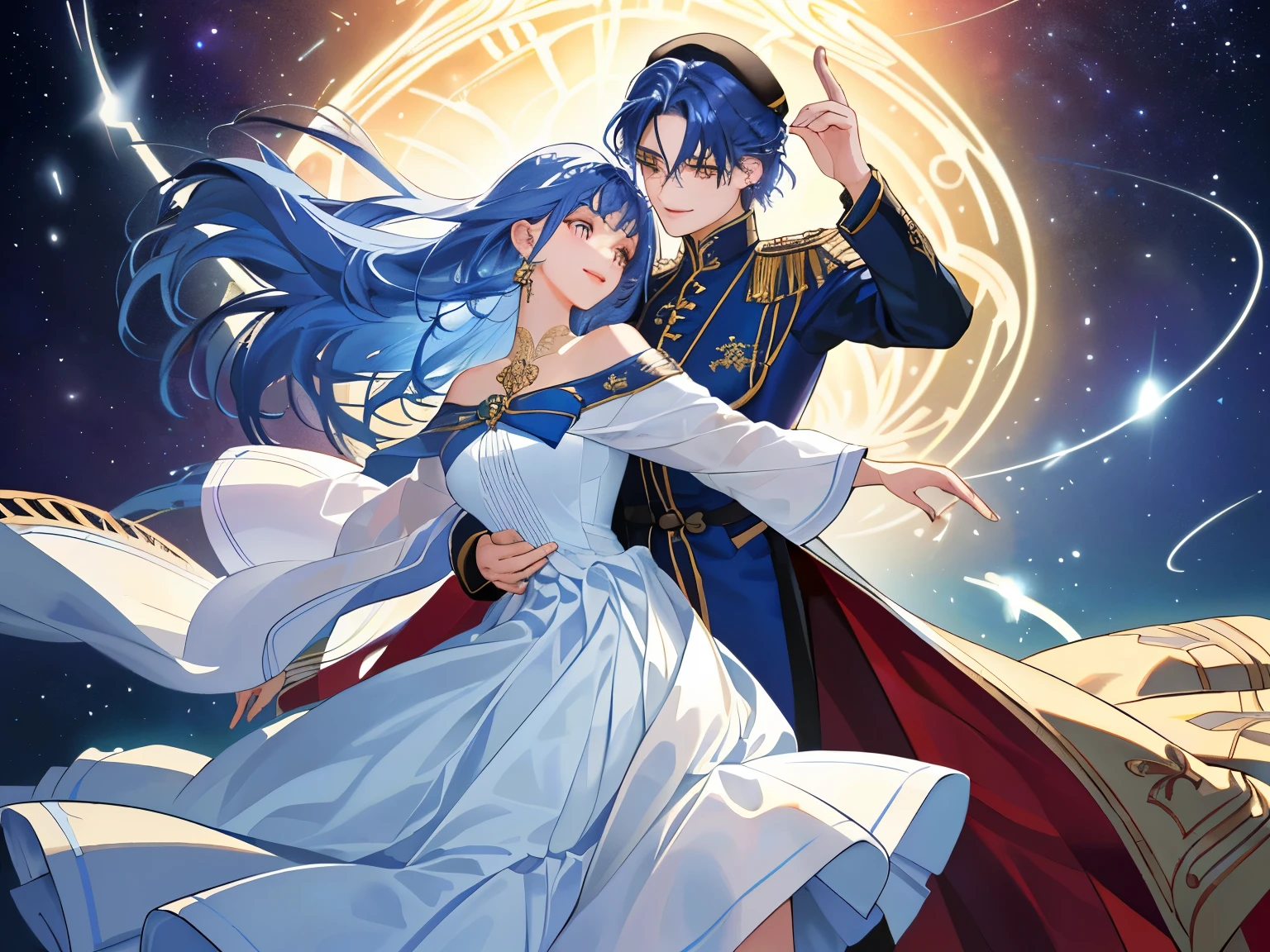 capa de livro: Um jovem de estatura imponente enfeita a capa, her captivating golden eyes and navy blue hair reflecting passion and mystery. Its presence is magnetic, adornado em trajes elegantes, e um sorriso cativante acrescenta um toque especial. do lado dele, uma jovem de beleza transcendental com longos, cabelos castanhos dourados ondulados e olhos violeta profundos irradiando luminosidade natural. Her warm smile and graceful movements give her a presence that is both delicate and captivating... The image captures the elegance and intensity of a compelling romance. He had his arm around her waist, ensuring that your loved one would not escape.