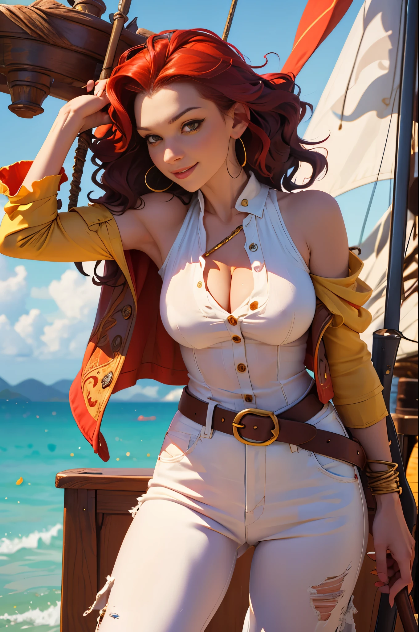 Female 17th century pirate, pirate captain, mid 30s woman, smirking, wavy shoulder length vivid red hair, red bandanna, large gold hoop earrings, puffy long sleeved white shirt, brown leather vest, belt, large square belt buckle, long brown pantaloons, worn leather boots, period dress, dirty clothes, holding a cutlass, dramatic pose, on deck aboard a pirate ship, caribbean island, painterly illustration, best quality, 8k, masterpiece, bright vivid colours, colourful, jenya.d