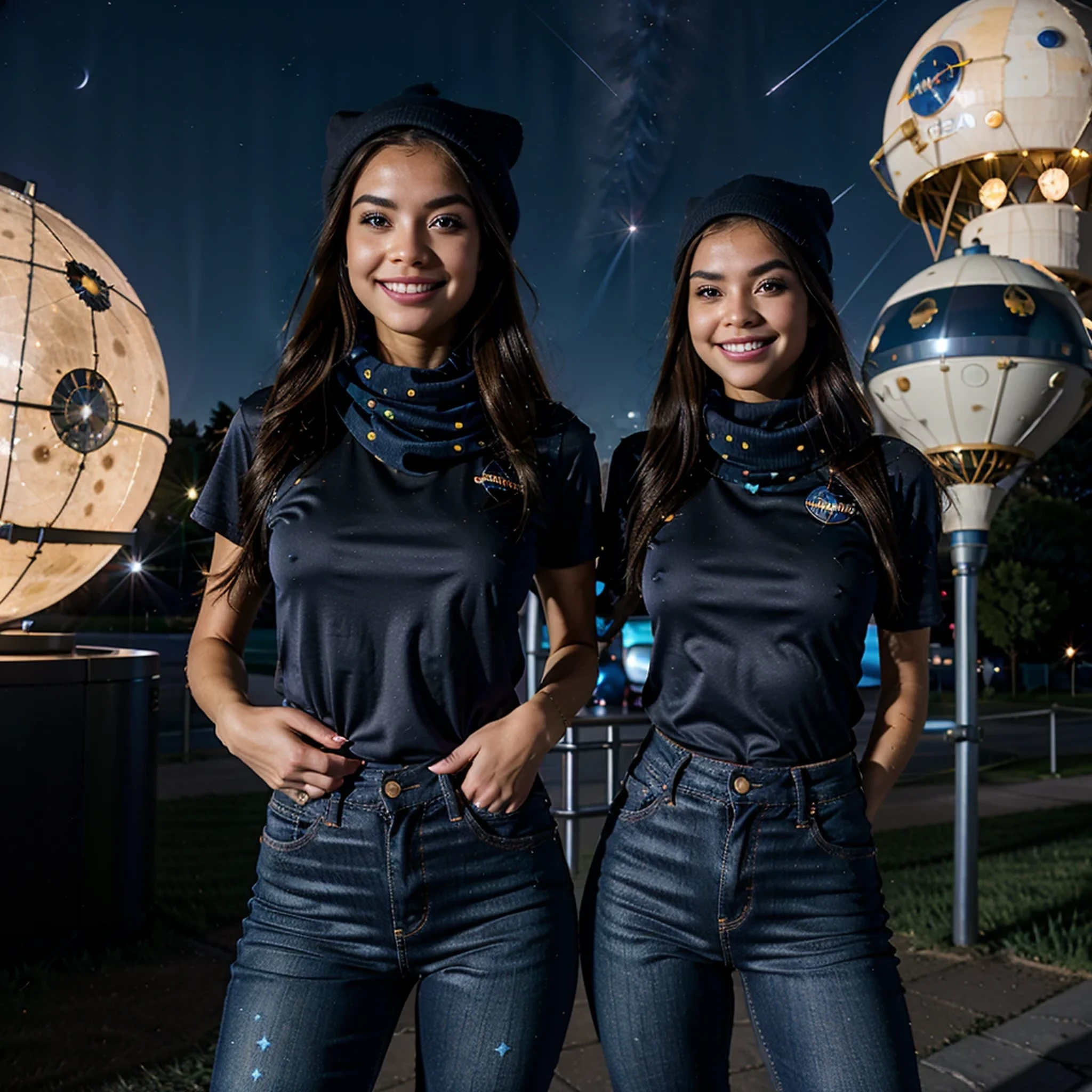 best quality, high resolution, distinct image, concept art, night sky, stars, moon, girl, smile, hair, eyes, mouth, hands, feet, clothing, jeans, t-shirt, scarf, hat, space, spaceship, spacesuit, astronaut, planet, galaxy, beautiful, cute, cozy, natural, dreamy, relaxed, sparkling, lovely