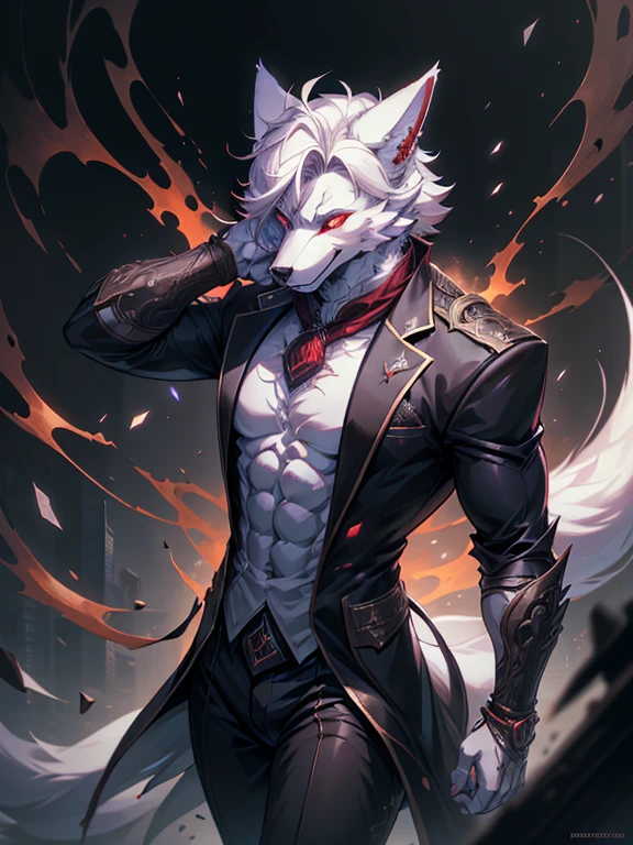 male, furry, wolf anthro, solo, white fur, red eyes, (Realistic eye details 1.2), headphone on head, business suit wear, Character focus, abs, Full body like, Masterpiece, dramatic lighting, soft lighting, day, highly detail, Hair coiled