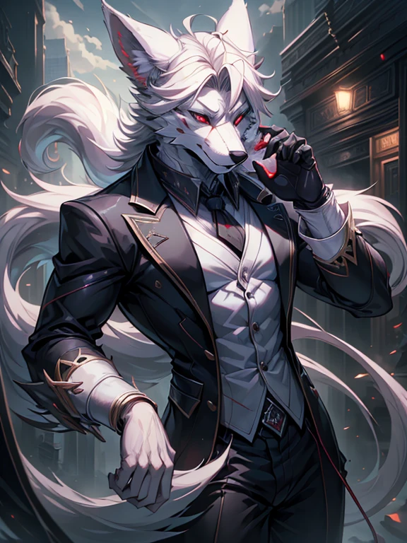 male, furry, wolf anthro, solo, white fur, red eyes, (Realistic eye details 1.2), headphone on head, business suit wear, Character focus, abs, Full body like, Masterpiece, dramatic lighting, soft lighting, day, highly detail, Hair coiled