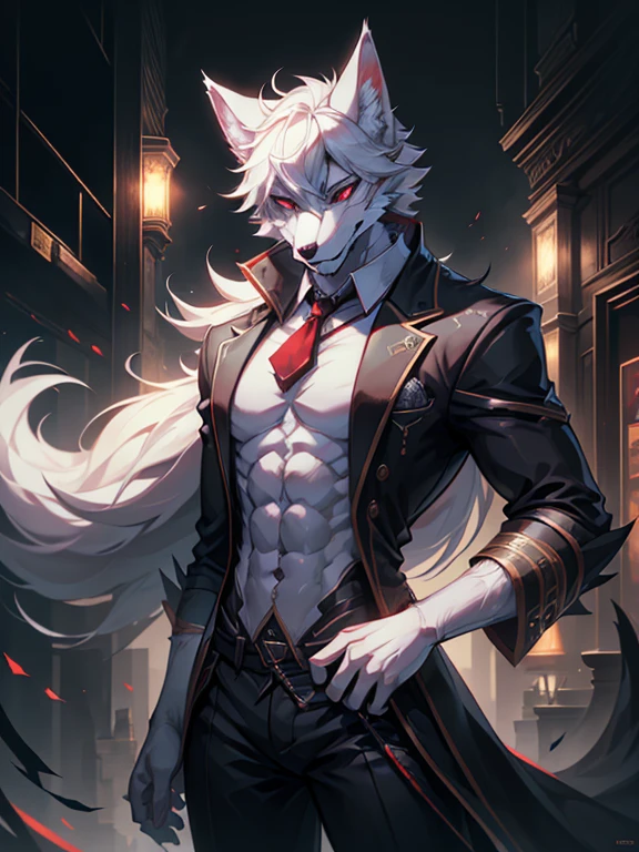 male, furry, wolf anthro, solo, white fur, red eyes, (Realistic eye details 1.2), headphone on head, business suit wear, Character focus, abs, Full body like, Masterpiece, dramatic lighting, soft lighting, day, highly detail, Hair coiled