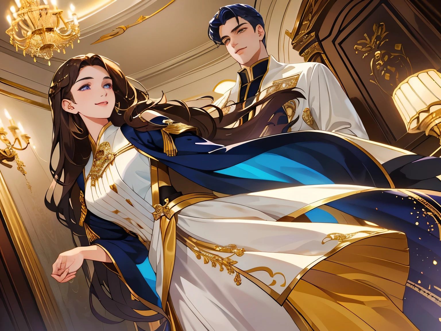 Book Cover: A young man of imposing stature graces the cover, his golden eyes captivating and his navy-blue hair reflecting passion and mystery. His presence is magnetic, adorned in elegant attire, and a captivating smile adds a special touch. By his side, a young woman of transcendental beauty with long, wavy golden-brown hair and deep violet eyes radiating natural luminosity. Her warm smile and graceful movements give her a presence that is simultaneously delicate and captivating. The image captures the elegance and intensity of an engaging romance. He had his arm around her waist, ensuring that his beloved wouldn't slip away.