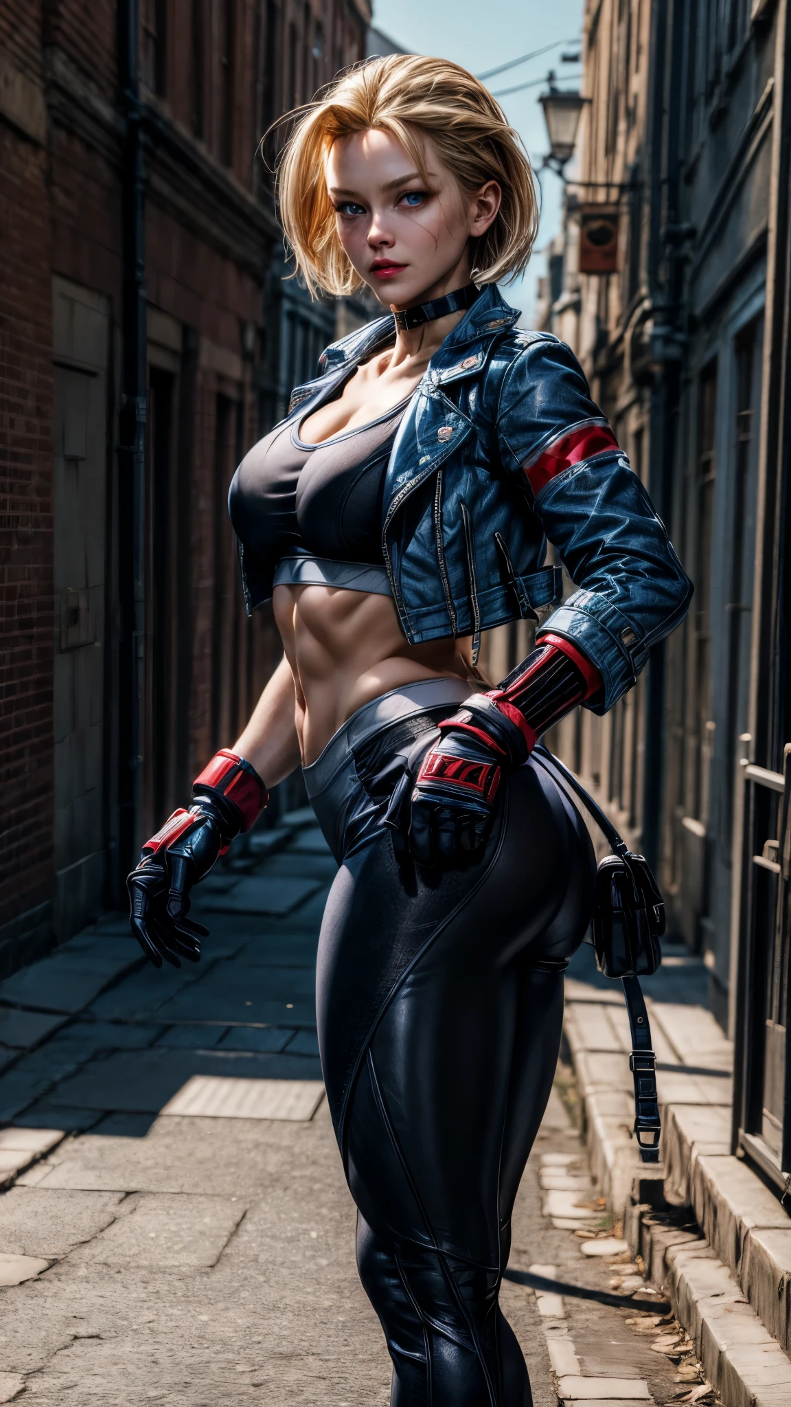 masterpiece, best quality, highres, 1girl, cammy white, short hair, antenna hair, blue eyes, scar on cheek, large breasts, black choker, collarbone, blue jacket, cropped jacket, open jacket, sports bra, midriff, fingerless gloves, black gloves, black pants, standing, cowboy shot, stair, outdoors, showing big buttocks, thick thighs, curvy hips 