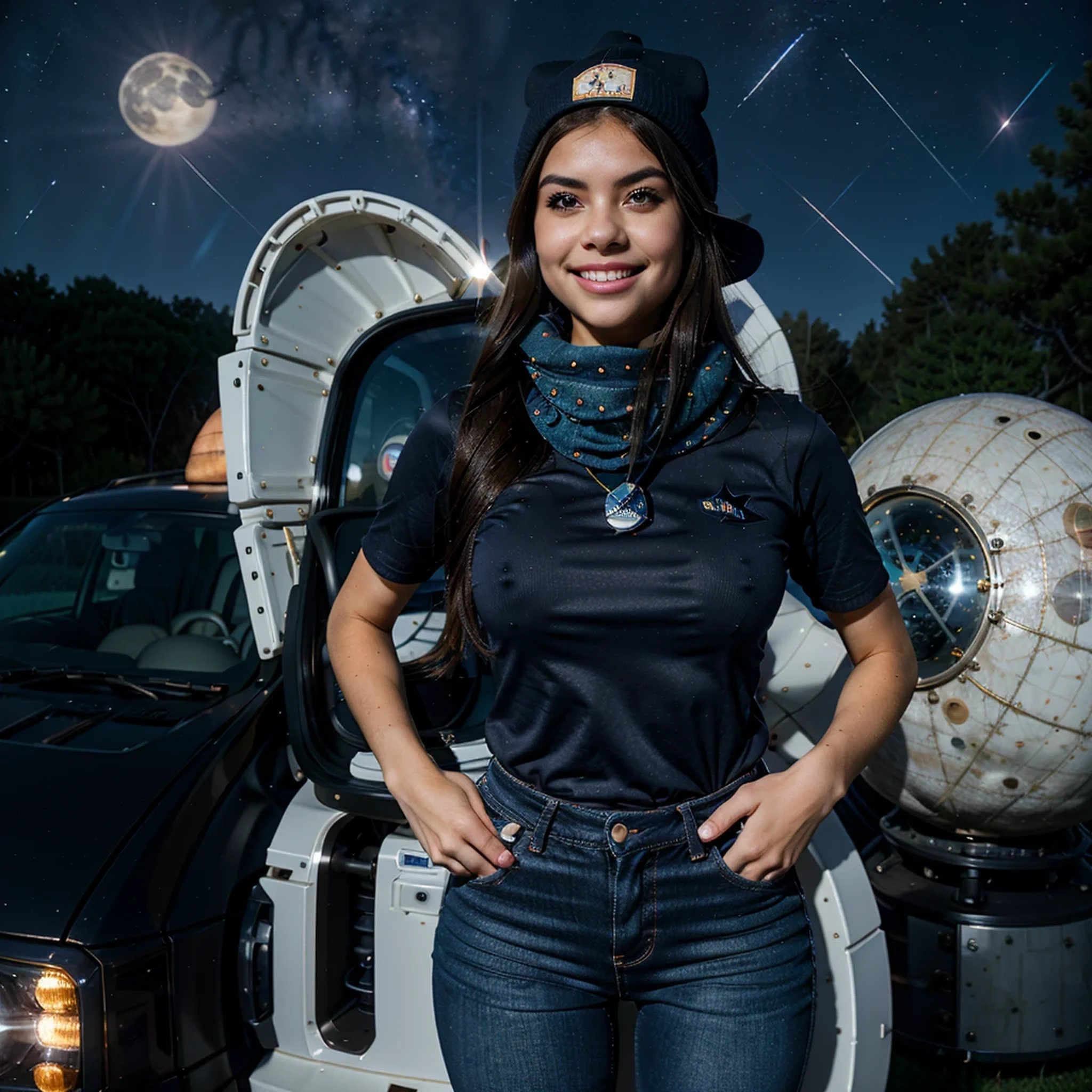 best quality, high resolution, distinct image, concept art, night sky, stars, moon, girl, smile, hair, eyes, mouth, hands, feet, clothing, jeans, t-shirt, scarf, hat, space, spaceship, spacesuit, astronaut, planet, galaxy, beautiful, cute, cozy, natural, dreamy, relaxed, sparkling, lovely