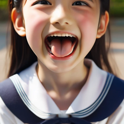 Japanese,10 years old,Summer Sailor Uniform,Look Up,Looking up,Cross-eyed,Cross-eyed,Open your mouth wide,Sticking out tongue,Showing tongue,cute,Face close-up,Twin bun hairstyle