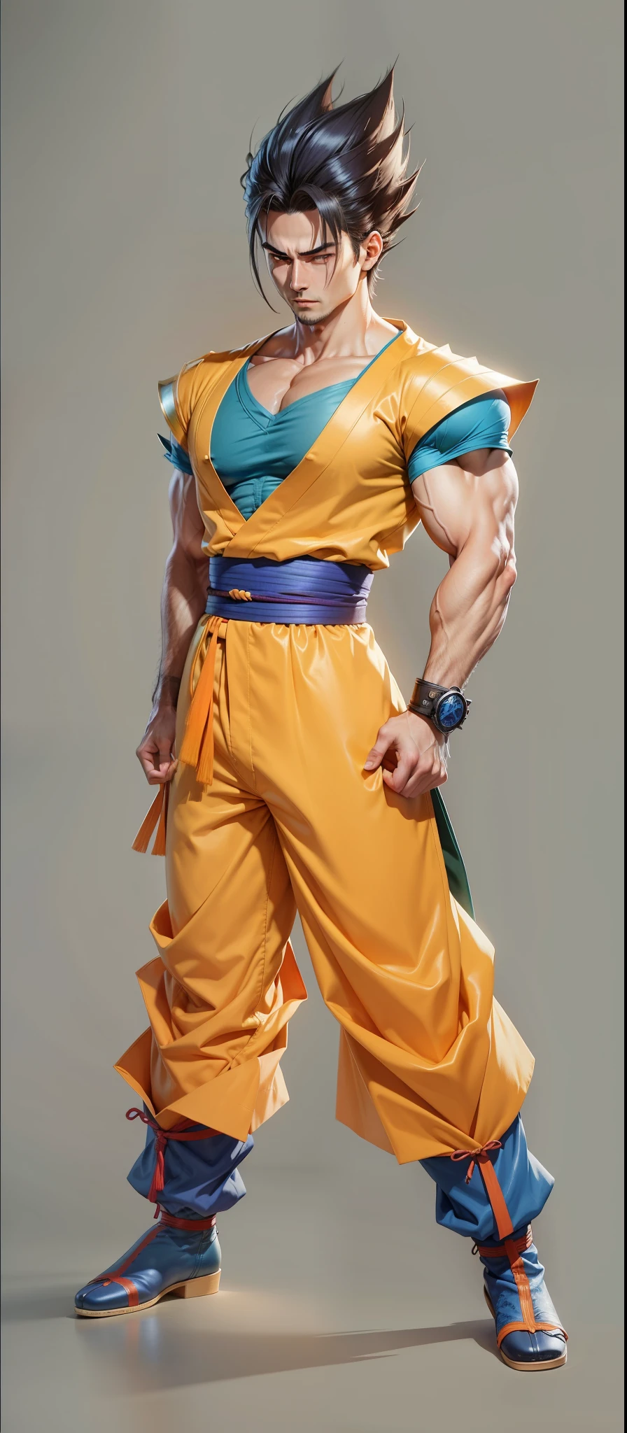 guy, 1 guy, tall, muscular, perfect body, full body, stare intently, looking at the viewer, wearing goku shirt from dragon ball anime, blue hair, shoes, cape on shoulders, anime dragon ball style, hd quality, 4k
