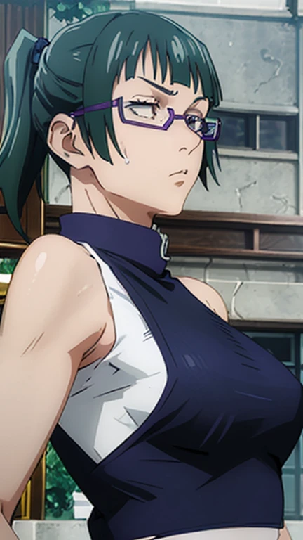a close up of a person wearing a basketball uniform, a picture, inspired by Kentaro Miura, trending on pixiv, Zenin Maki, Jujutsu Kaisen, wearing yellow nba jersey, yellow croptop nba jersey, wearing a low cut croptop, wearing croptop, croptop, written "Lakers" on the croptop, golden raito, (winking), shirobako, large)}], favorite scene, fine details. anime. skins, sweating, big breasts, both hands raised, armpits, armpits visible, dripping with sweat, more more sweat, sweaty armpits, wearing glasses