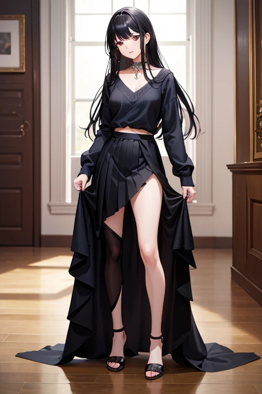 (1) One woman, She lifted her skirt to show off her beautiful legs.,
(2) She is standing, I want you to draw me a full body picture with my feet visible..,
(3) The woman is wearing a blue V-neck sweater and a black pleated miniskirt.,
(4) The slightly exposed pants are light blue with a flashy pattern..,
(5) The woman has medium-long black hair.., Shining Eyes, Provocative, Grinning expression,
(6) The location is the living room of the apartment..,
(7) highest quality, High resolution, Realistic photos, Realistic Skin,