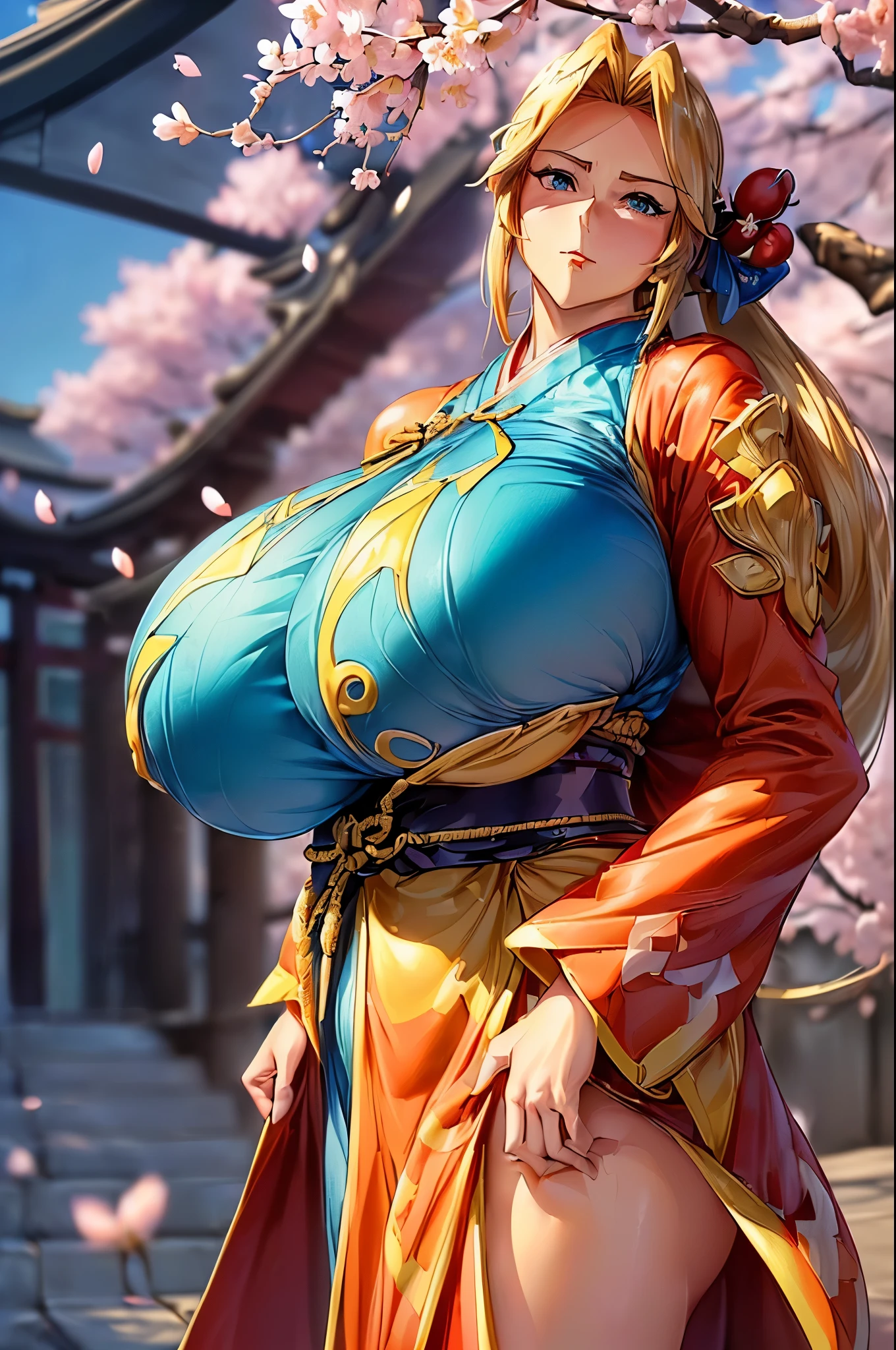 ((woman,(huge breasts:1.8), very red lips,Emphasis on huge breasts,big ass,thin waist,long legs,Are standing,greenish blue eyes)) 8K(((japanese costume,kimono,european style costume,Tight fitting clothes,Clothes that fit tightly to the body,Clothes that show off your body lines))) 8K(((Clear body lines,Tight-fitting clothing,Clothes that show off your bust,Tight-fitting clothing that shows off your bust line))) 8K(((((anime style face,(Anime style face is well drawn)) 8K(((break,break face,handsome face,A dashing face,There are cherry blossoms,The wind is blowing))) (1 girl:1.2), alone, Hime Cut,Traditional Japanese Costume, A soft smile