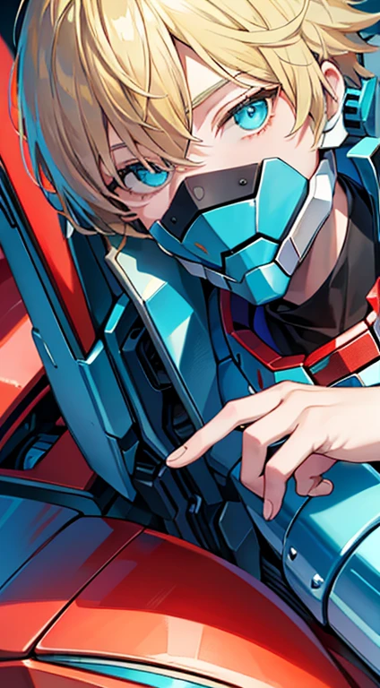 Young guy, short blonde hair, Cyan eyes, Autobot's red armor, Masterpiece, hiquality