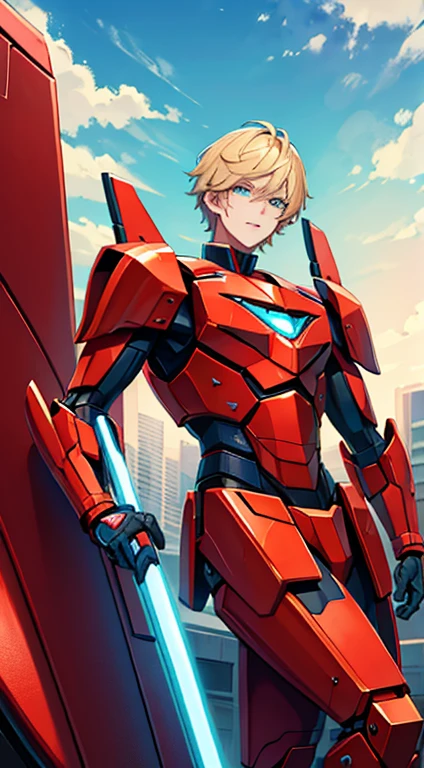 Young guy, short blonde hair, Cyan eyes, Autobot's red armor, Masterpiece, hiquality