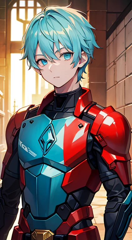 Young guy, short blonde hair, Cyan eyes, Autobot's red armor, Masterpiece, hiquality