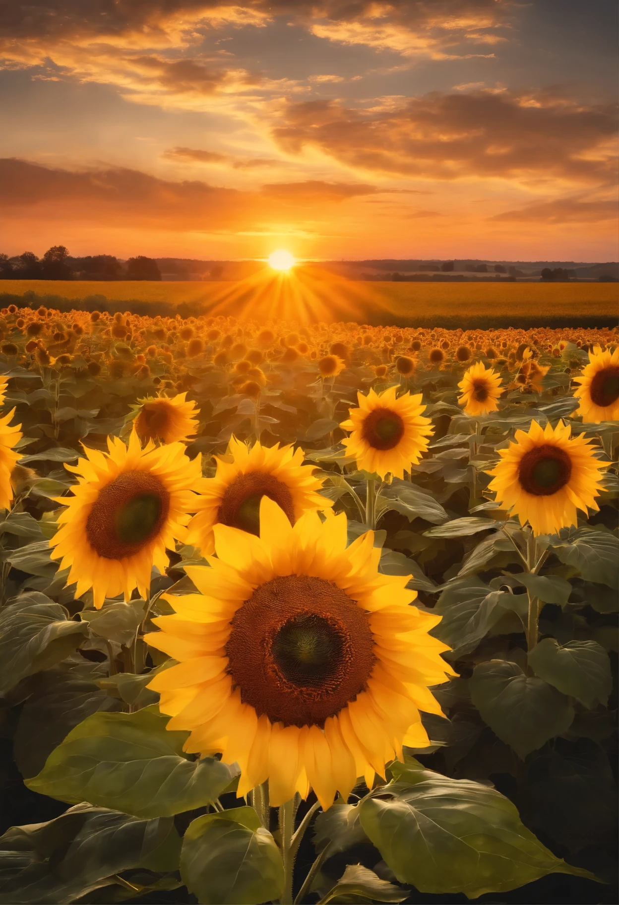 (Golden sunset over a sunflower field), (highest quality, Vibrant colors, High resolution), (landscape), (oil), (Ultra-fine detail, Realistic), (Warm and vibrant color palette), (Soft and gentle lighting)