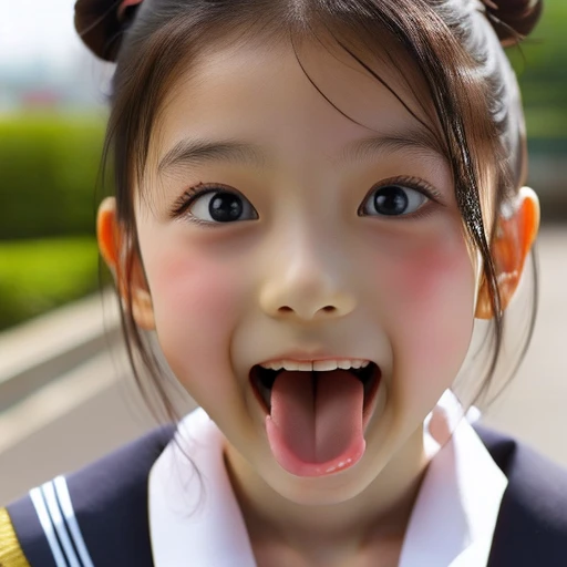 Japanese,10 years old,Summer Sailor Uniform,Look Up,Looking up,Cross-eyed,Cross-eyed,Open your mouth wide,Sticking out tongue,Showing tongue,cute,Face close-up,Twin bun hairstyle