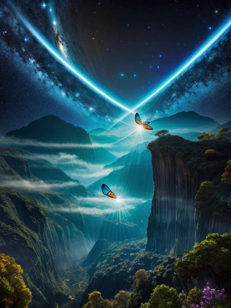 (ultra-detailed,highres,masterpiece:1.2),realistic,scenic,cosmic landscape,beautiful stars,galaxies,awe-inspiring nebulas,shining planets,interstellar travel,peaceful,serene,tranquil,soft colored lights, ((colossal blue butterfly flying gracefully)),magical,mesmerizing view,ethereal,celestial beauty.