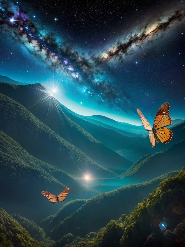 (ultra-detailed,highres,masterpiece:1.2),realistic,scenic,cosmic landscape,beautiful stars,galaxies,awe-inspiring nebulas,shining planets,interstellar travel,peaceful,serene,tranquil,soft colored lights, ((colossal blue butterfly flying gracefully)),magical,mesmerizing view,ethereal,celestial beauty.