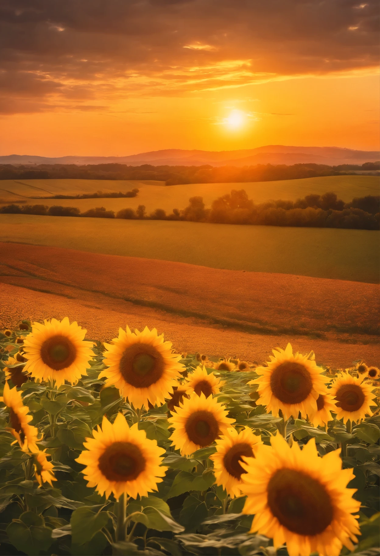 (Golden sunset over a sunflower field), (highest quality, Vibrant colors, High resolution), (landscape), (oil), (Ultra-fine detail, Realistic), (Warm and vibrant color palette), (Soft and gentle lighting)