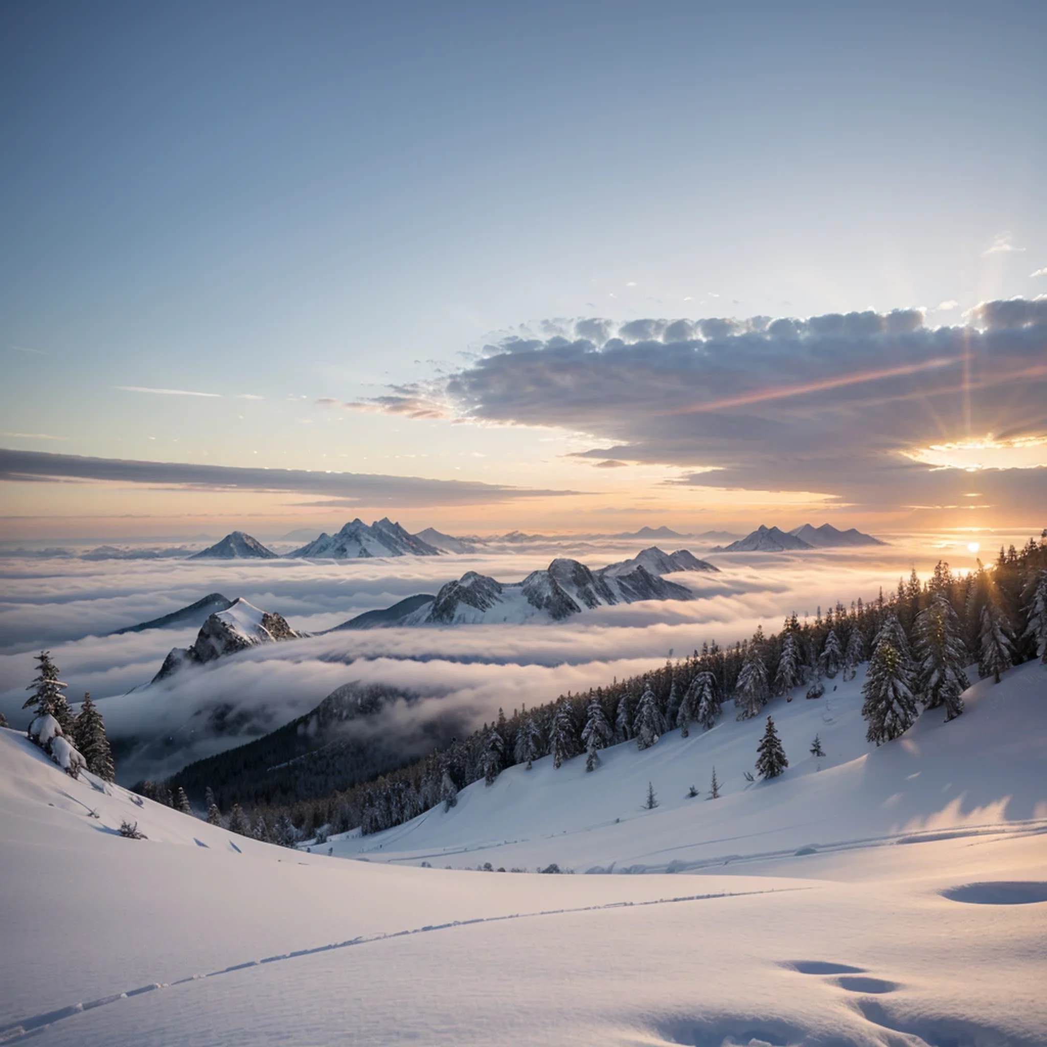 film art, concept art, masterpiece, wide-angle perspective, S-shaped composition, a picture of the mountain scenery from near to far in a cinematic vision, with distinct levels, clear high and low, distant sunset on the top of a snowy mountain, HD texture, distant layered snowy mountains, white clouds,