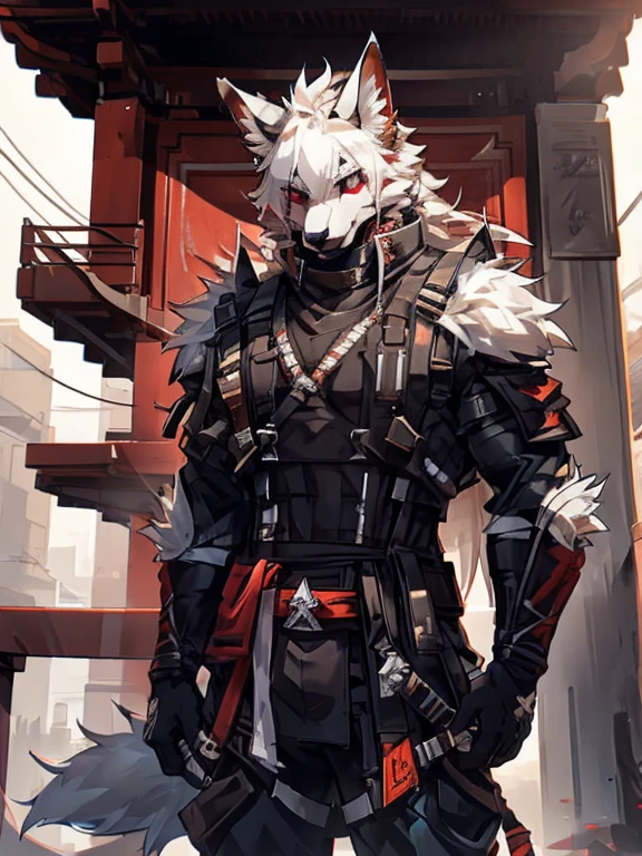 male, furry, Fox anthro, solo, white fur, red eyes, (Realistic eye details 1.2), urbansamuraiwear, abs, Masterpiece, dramatic lighting, soft lighting, day, highly detail, Hair coiled, detail fur, perfect body