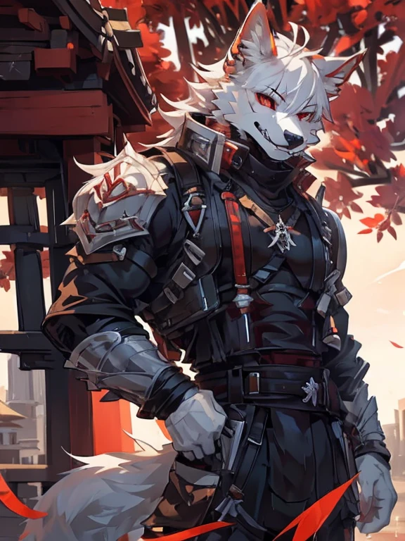 male, furry, Fox anthro, solo, white fur, red eyes, (Realistic eye details 1.2), urbansamuraiwear, abs, Masterpiece, dramatic lighting, soft lighting, day, highly detail, Hair coiled, detail fur, perfect body