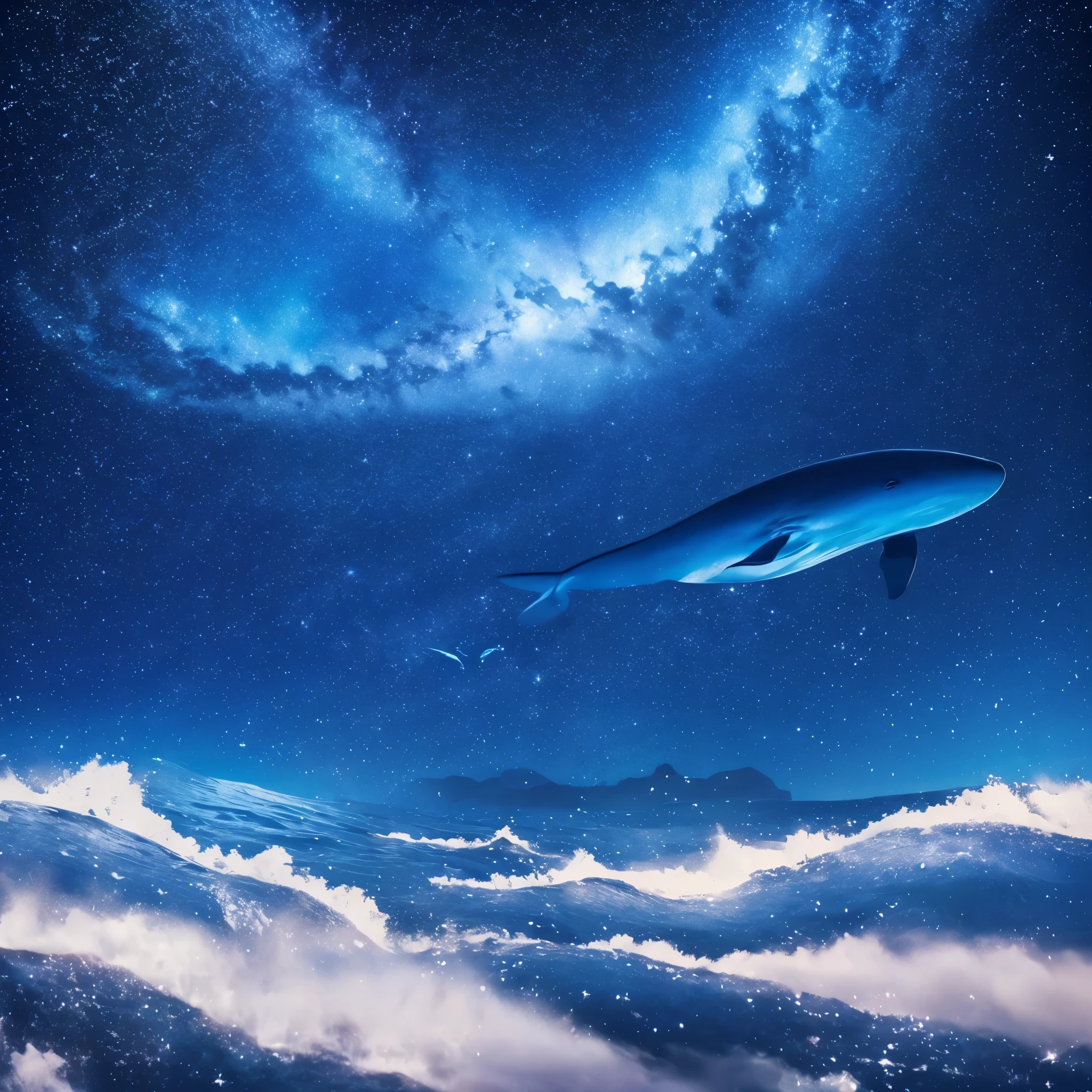 A big beautiful blue whale flying in a dark blue sky full of stars , emanating musical notes , many notes songs fantasy air like a story for children 