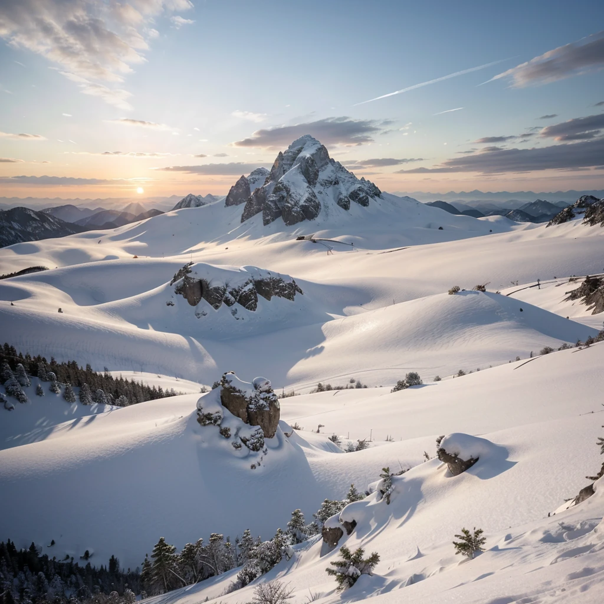 film art, concept art, masterpiece, wide-angle perspective, S-shaped composition, a picture of the mountain scenery from near to far in a cinematic vision, with distinct levels, clear high and low, distant sunset on the top of a snowy mountain, HD texture, distant layered snowy mountains, white clouds,