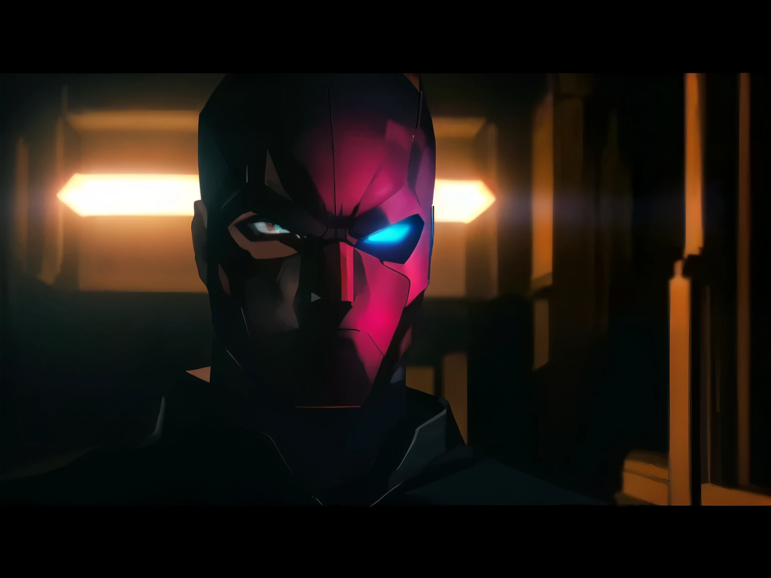 a man in a red mask and black shirt standing in a dark room, cinematic red lighting, they share one head. cinematic, cinematic lighting ”, cinematic lighting”, red hood cosplay, shot from cinematic, [ cinematic, epic lighting”, cinematic shot!, youtube thumbnail, red and cinematic lighting, cinematic closeup!!, blank stare”, cinematic full shot, cinematic close shot, cinematography”