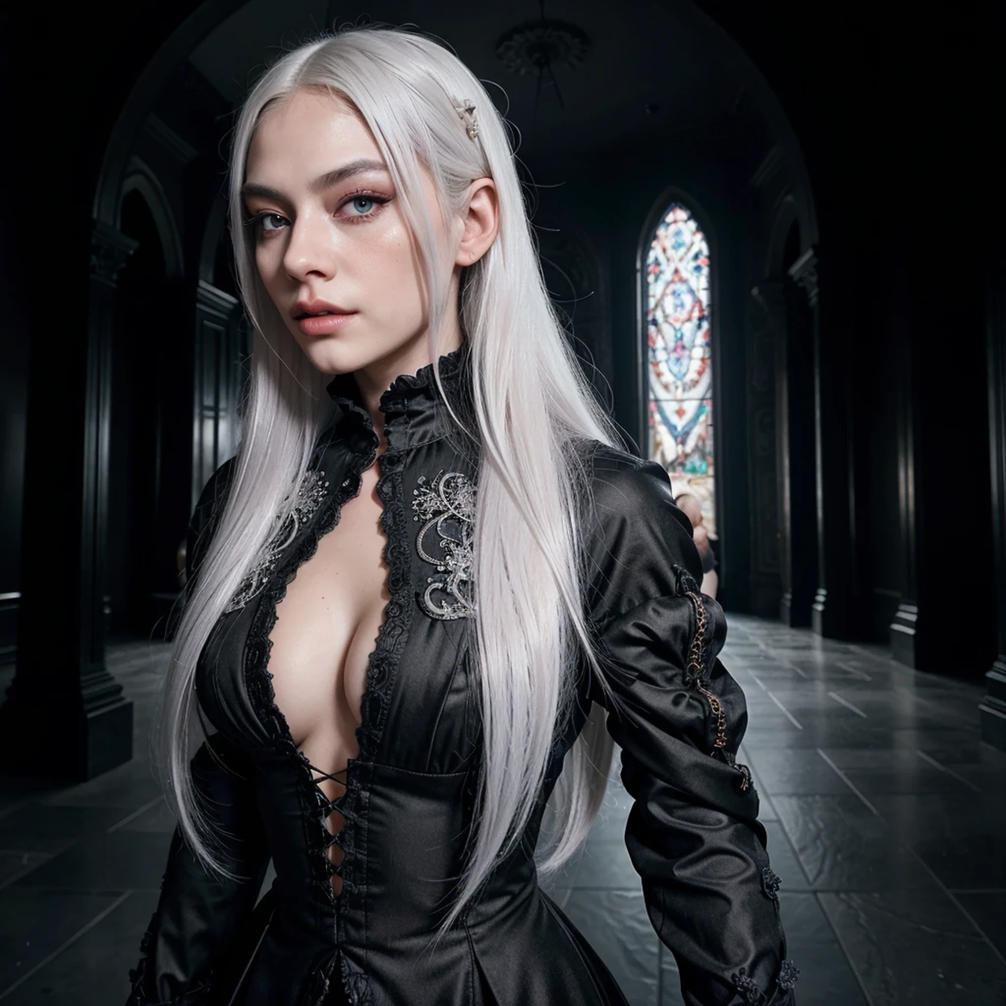 Insanely detailed photograph of a gorgeous vampire man, goth Renaissance, long voluminous white hair, intricate white eyes, fantastical, vampire, ethereal, hyperdetailed, 32k resolution, dynamic lighting, hyperdetailed, intricately detailed, trending on Artstation, triadic colors, volumetric lighting, BalenciagaStyle