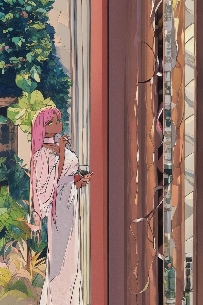 An expressionless girl holding a glass of wine, a snake on her arm coiling her. She has brown skin, long light pink hair, straight and without curves, and empty green eyes. She is wearing a long white dress, looking at the wine glass blankly.