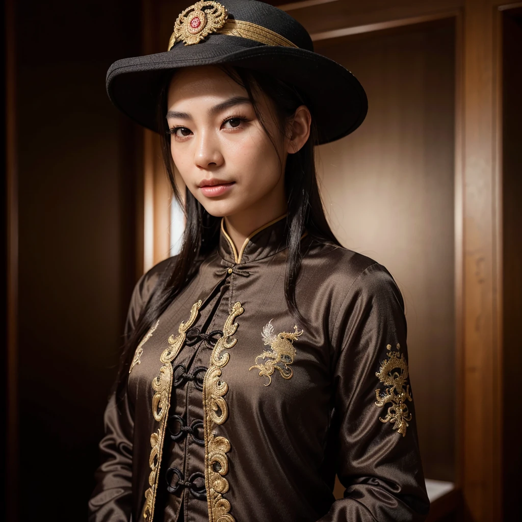 Chinese emperor, black hat, no beard, about 30 years old, face relatively large, brown silk solid color simple official uniform, thin color dragon texture embroidered with openwork embroidery on the clothes, realistic face close-up, character photography, solid color simple background, ambient light, background light, Tyndall light