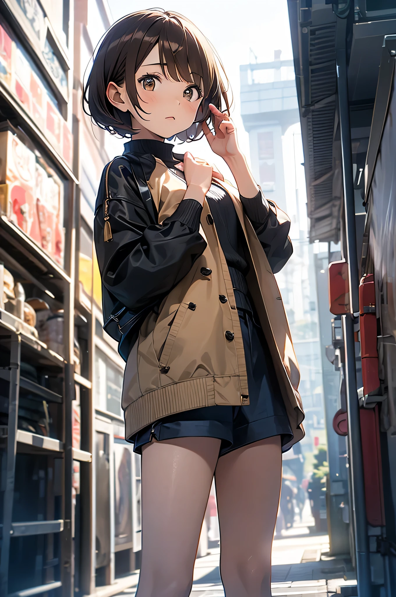 Brown hair, watching at viewers, gaze, Small face, Beautiful Women, hands up, shizuka mikazuki, short hair, wearing jacket, short pants