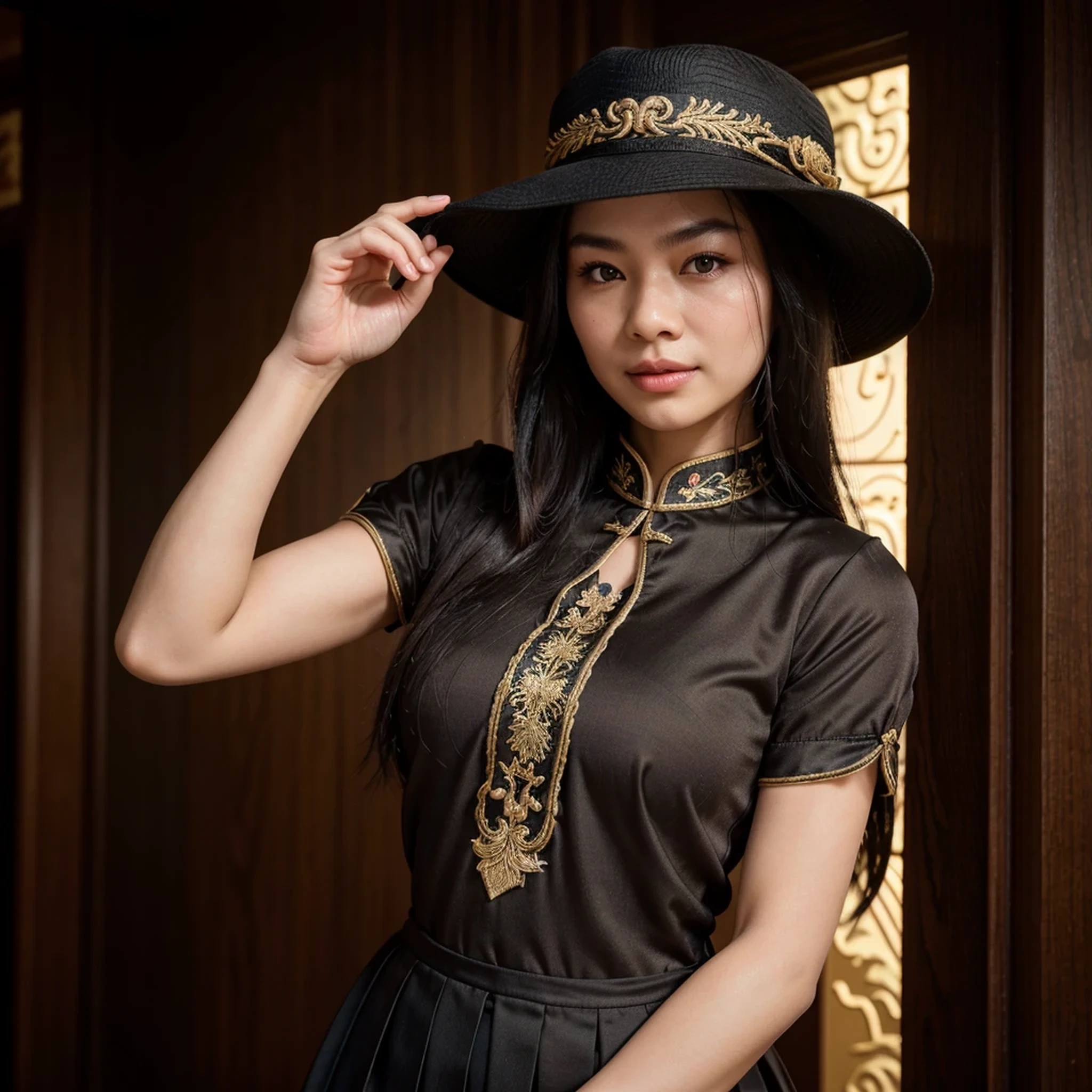 Chinese emperor, black hat, no beard, about 30 years old, face relatively large, brown silk solid color simple official uniform, thin color dragon texture embroidered with openwork embroidery on the clothes, realistic face close-up, character photography, solid color simple background, ambient light, background light, Tyndall light