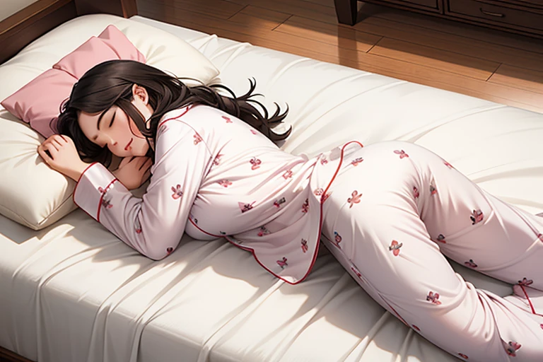 Woman sleeping in bed１people、(((woman is wearing pajamas)))、Sleeping cat１Animals、The cat is lying down、Anatomically accurate body depiction、(((A woman&#39;s body and a cat&#39;s body do not overlap))、{{masterpiece、highest quality、(((Realistic、Realistic:1.37)))、8K quality、Very delicate and beautiful、wonderful、Large file size、Very detailed、Very detailed、Cinema Lighting}}