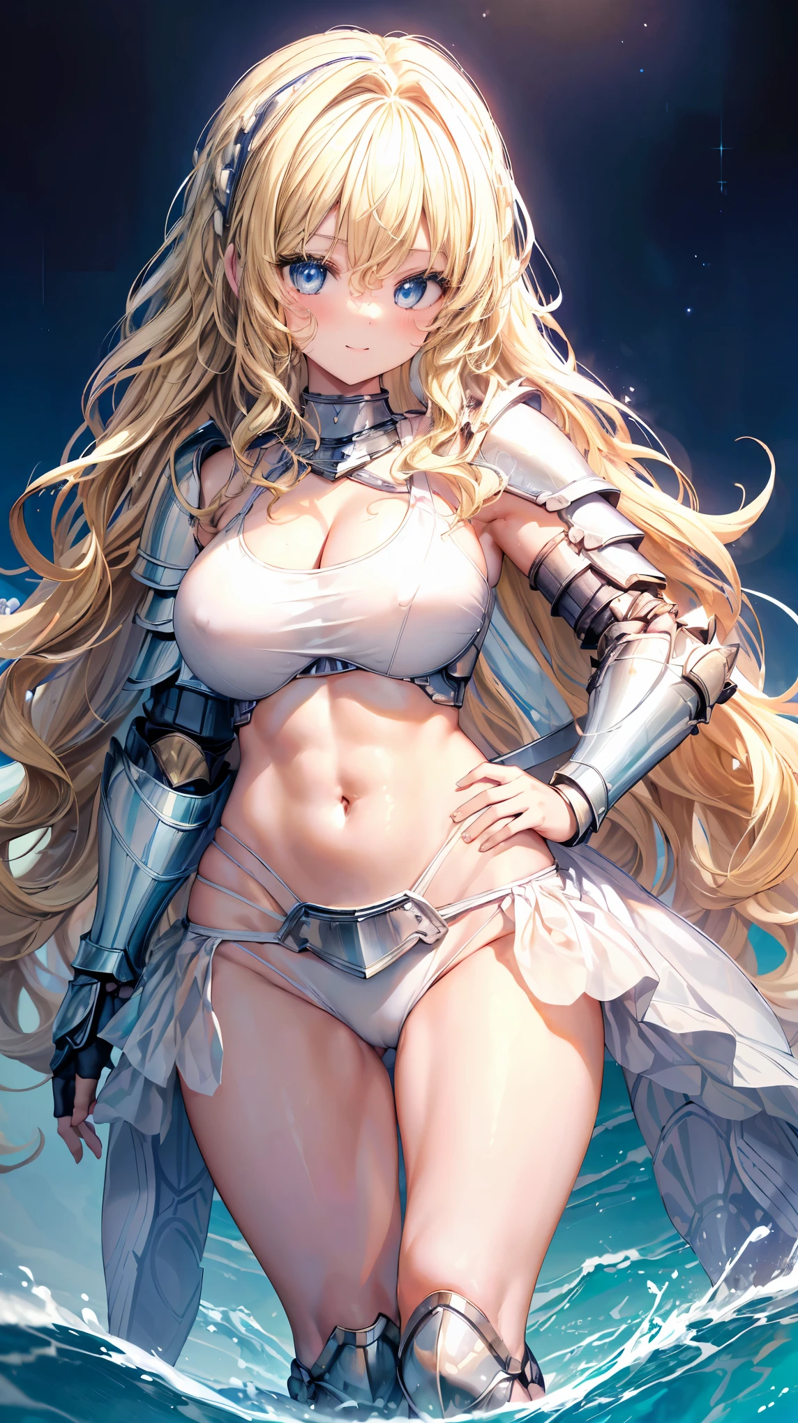 Very detailed、highest quality、Best image quality、masterpiece、8k、Anime Face、A kind smile、Open your mouth、Sparkling blue eyes、(Blonde wavy hair:1.5)、、Muscles of the whole body、Hands on hips、camisole、Thigh belt、mini skirt、(Wearing white bikini armor:1.5)、Cowboy Shot、(Leg armor:1.5)
